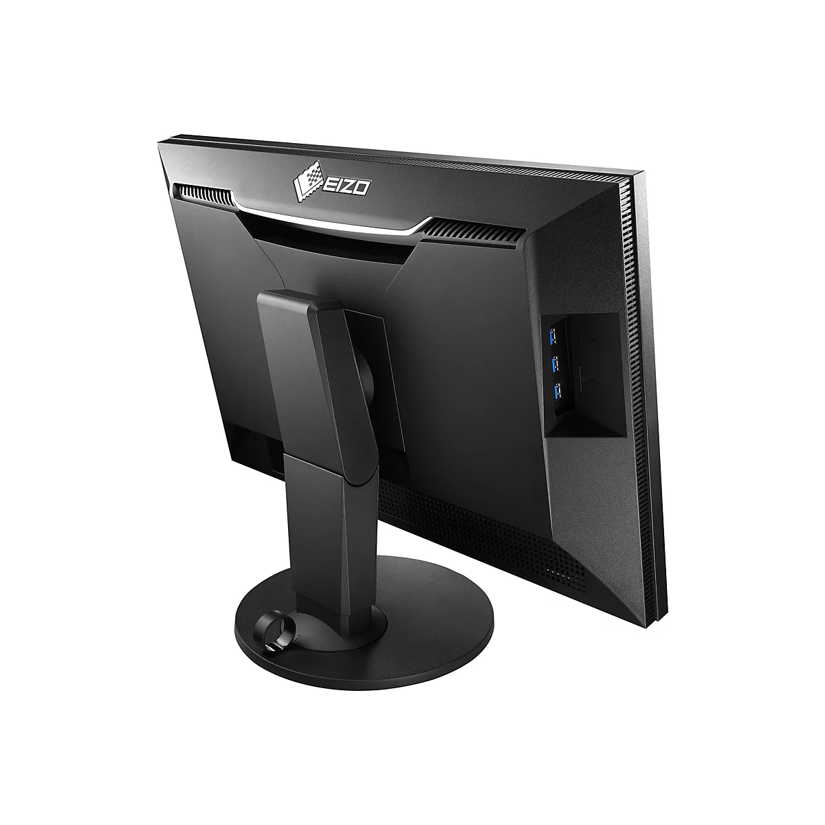 Moniteur noir de dos, logo EIZO, ports USB visibles.