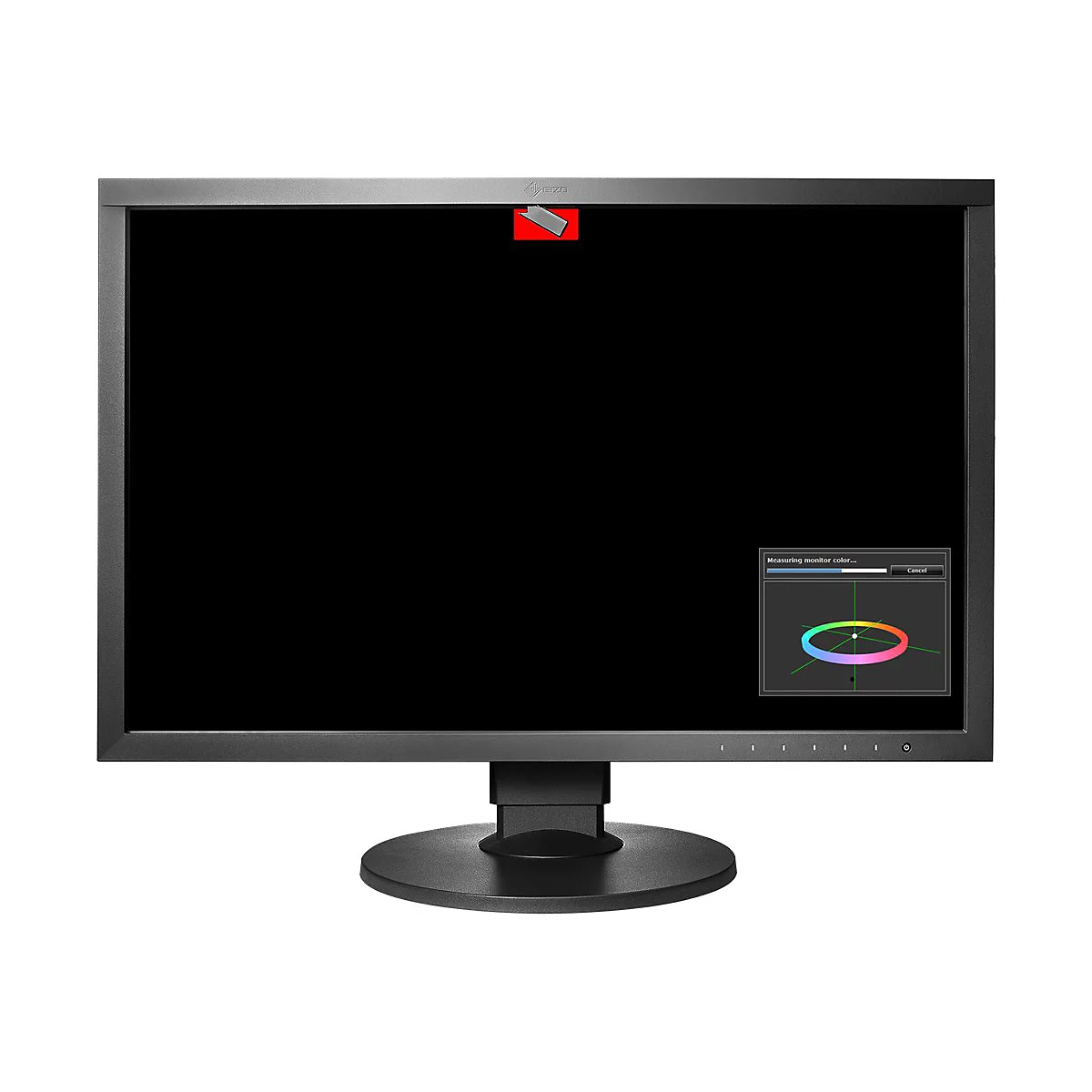 Moniteur noir affichant un cercle chromatique et le message 'Measuring monitor color...'.