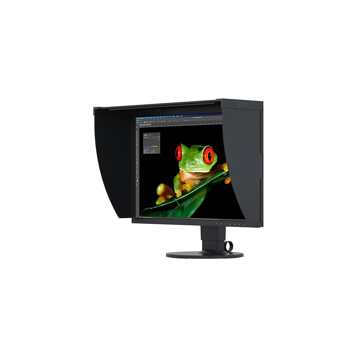 Schwarzer Monitor mit Blendschutz, der einen Frosch auf einem Blatt zeigt. Auf dem Bildschirm ist eine Bildbearbeitungssoftware geöffnet.