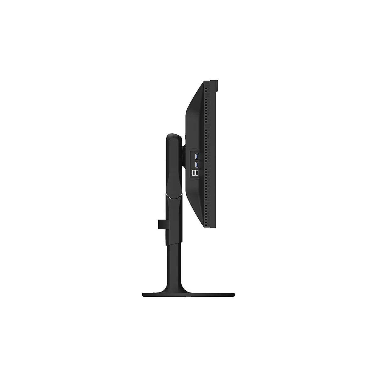 Moniteur noir de profil, avec pied et commandes sur le côté.