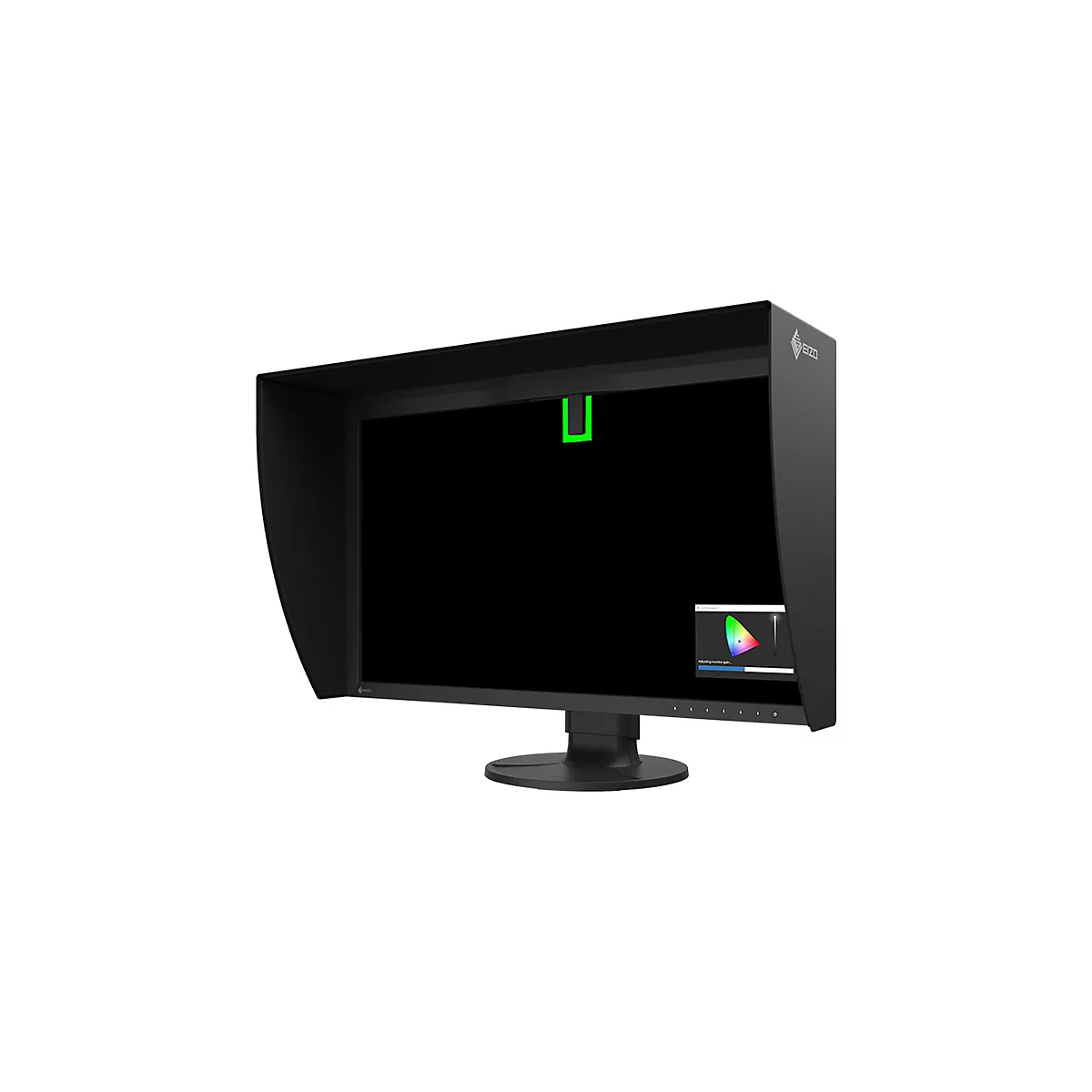 Moniteur noir avec écran anti-reflet, affichant un réglage d'affichage vert. Un affichage de réglage des couleurs est visible en bas.