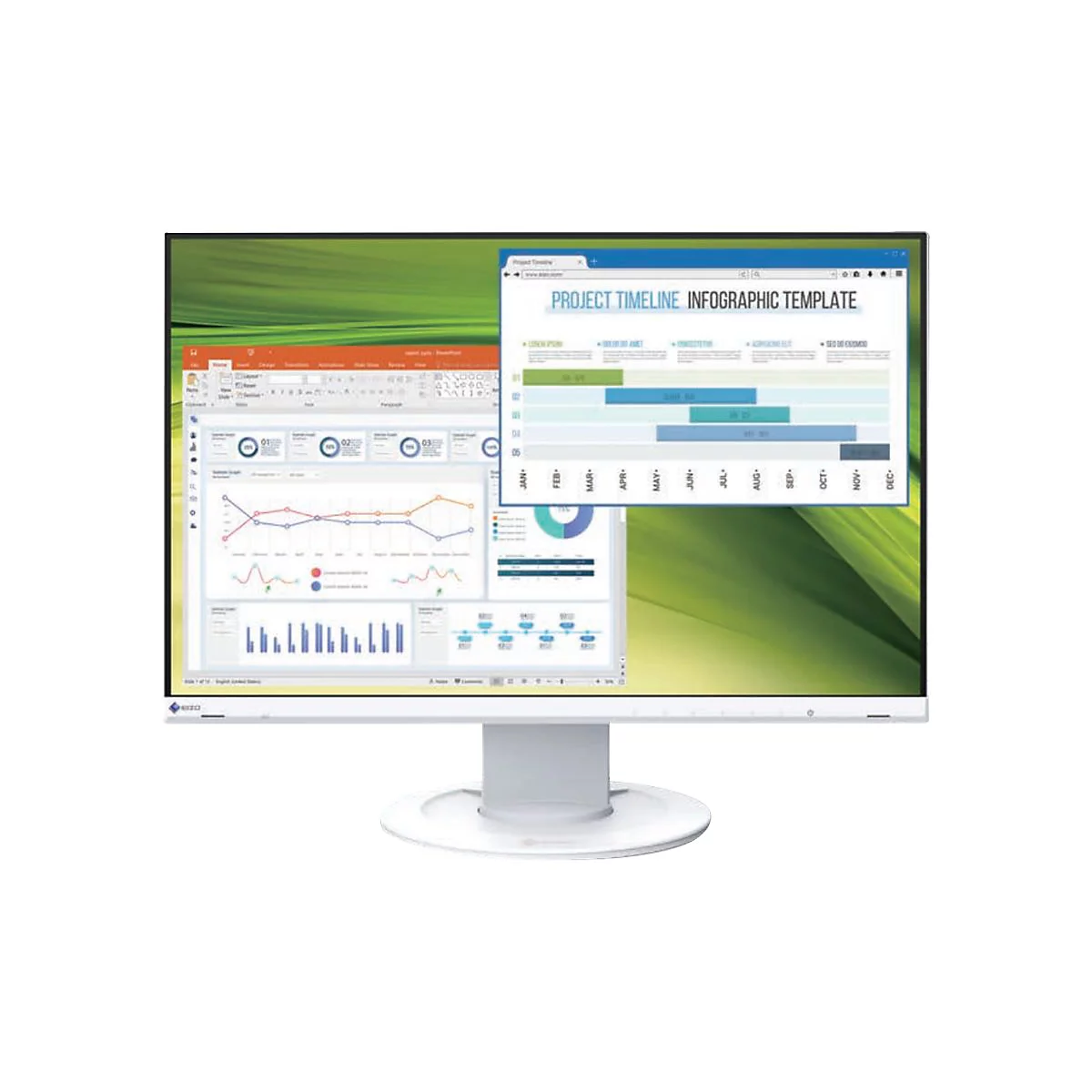 Ein Computermonitor mit verschiedenen geöffneten Anwendungen, darunter ein Diagramm zur Projektzeitleiste. Der Monitor steht auf einem weißen Ständer.
