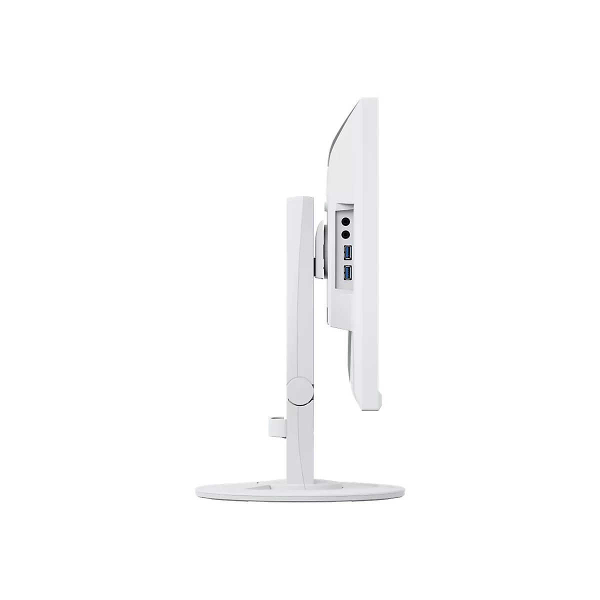 Seitenansicht eines weißen Monitors mit USB-Anschlüssen und Ständer.