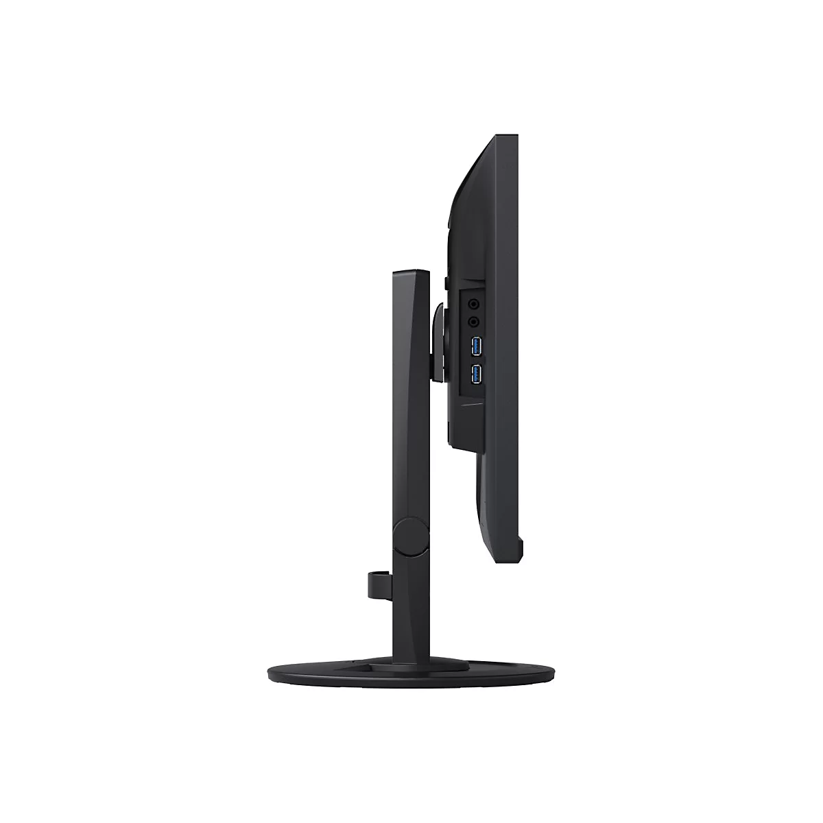 Seitenansicht eines schwarzen Monitors mit Standfuß. Sichtbar sind Anschlüsse und Bedienelemente.