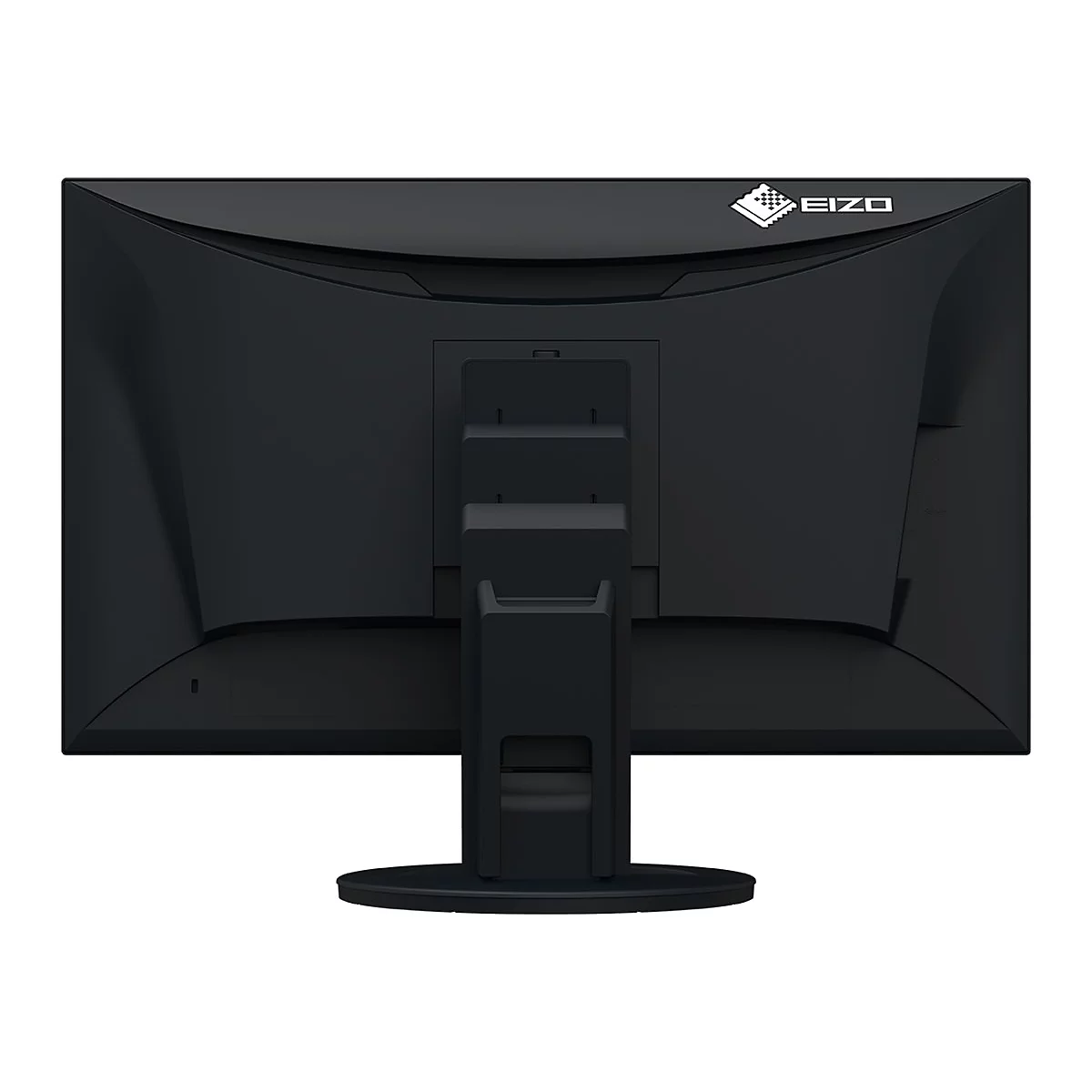Rückseite eines schwarzen EIZO-Monitors. Oben rechts ist das EIZO-Logo zu sehen. Der Ständer und die Rückseite sind ebenfalls schwarz.