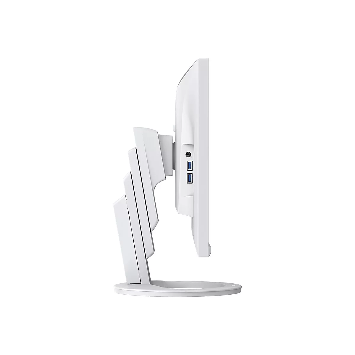 Vue latérale d'un moniteur blanc avec pied. Ports et options de réglage visibles.