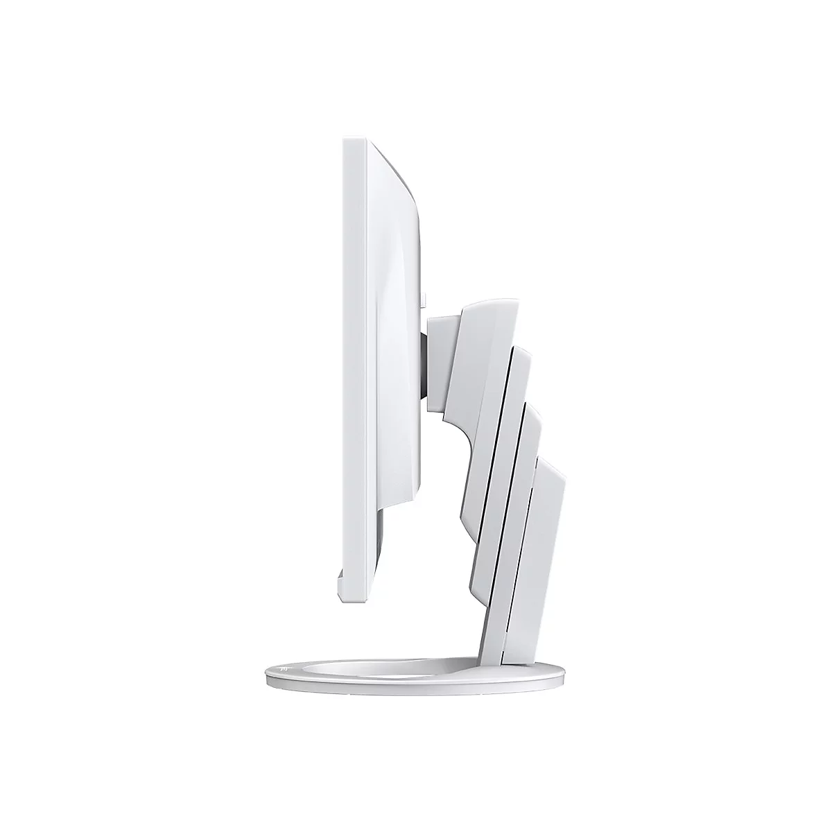 Vue latérale d'un moniteur blanc. L'écran est fin et rectangulaire, posé sur un socle blanc.