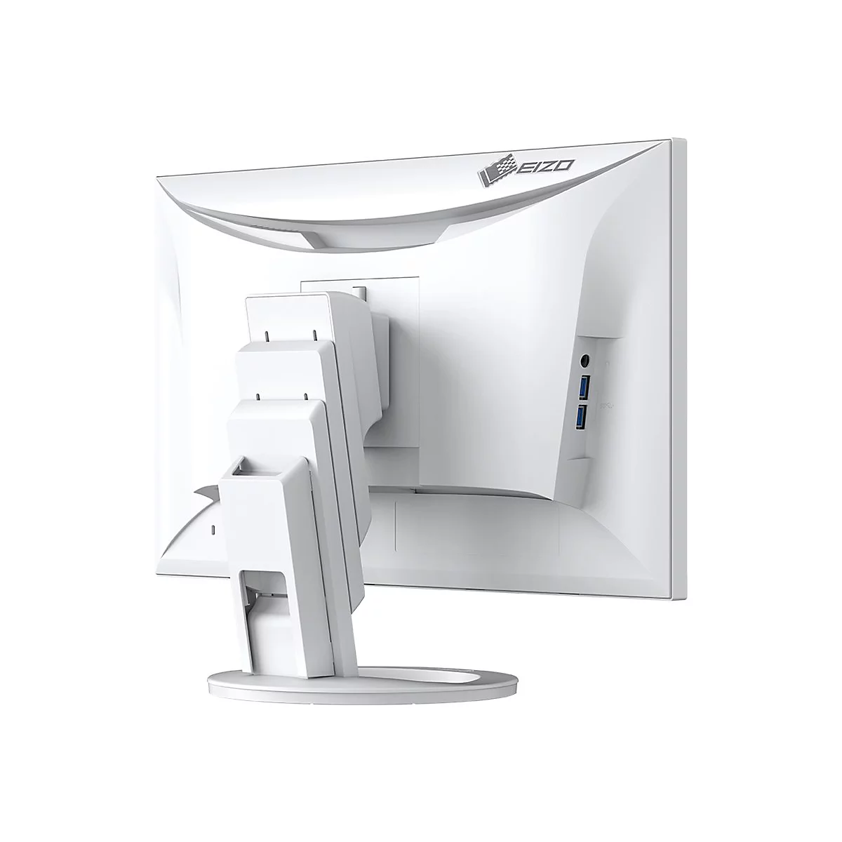 Weißer EIZO-Monitor von hinten, Standfuß und Anschlüsse. Das EIZO-Logo befindet sich oben rechts.
