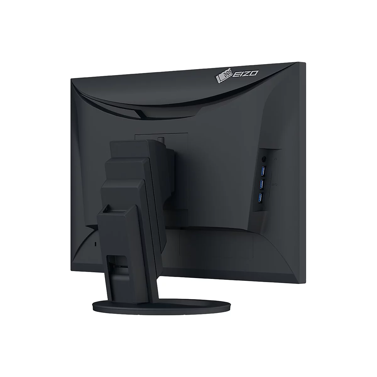 Moniteur EIZO noir vu de dos. Connecteurs et pied visibles.