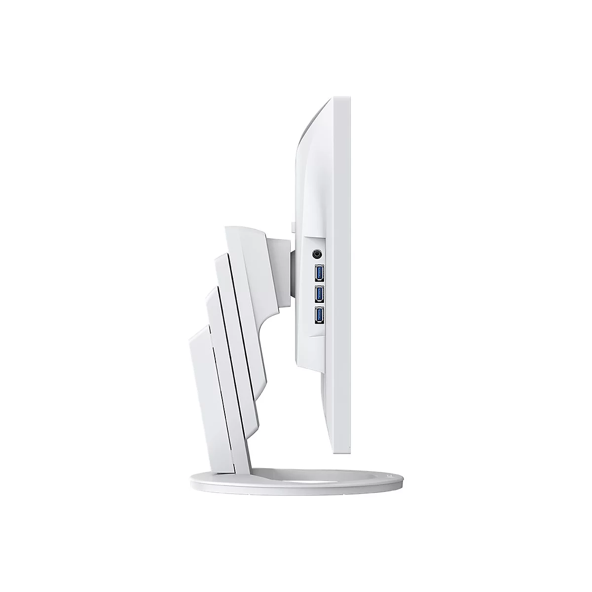 Vue latérale d'un moniteur blanc avec ports latéraux et support.