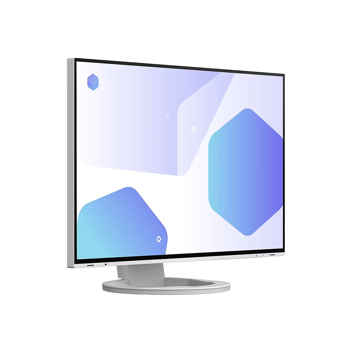 Un écran d'ordinateur gris avec un motif géométrique bleu-violet sur fond blanc. Le moniteur est posé sur un pied blanc.