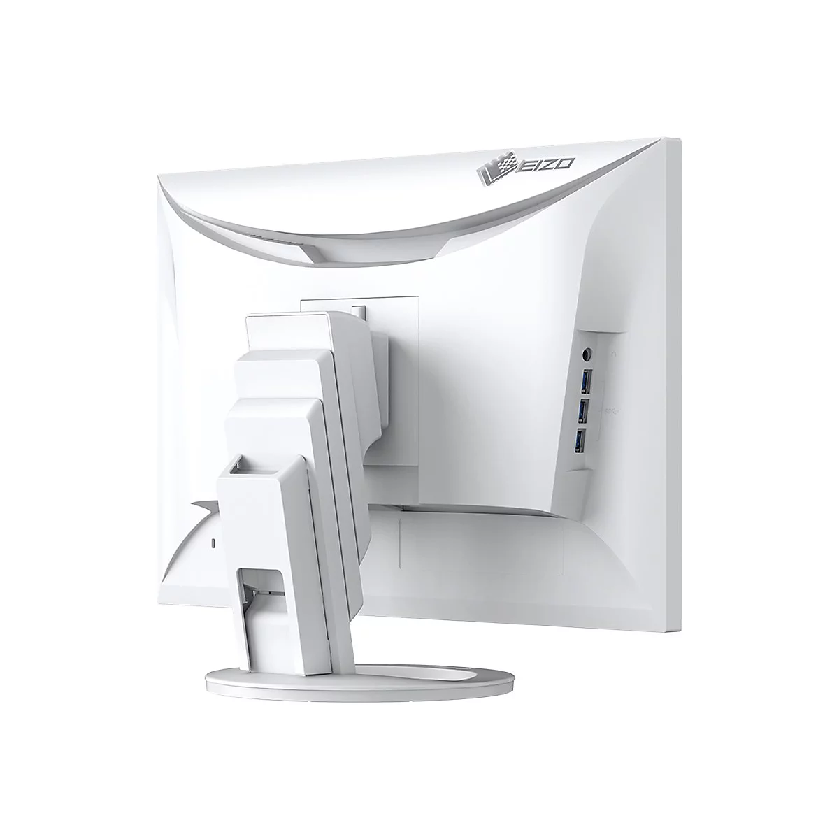 Moniteur Eizo blanc, vue arrière, avec connexions, support et logo Eizo.