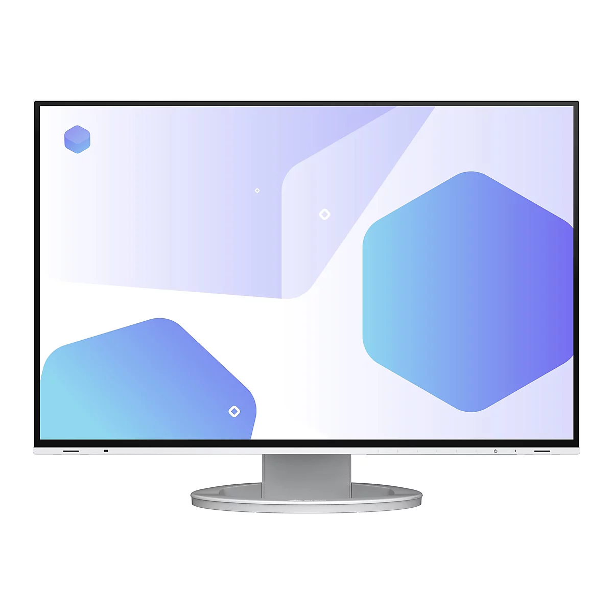 Ein Computermonitor mit einem weißen Gehäuse. Der Bildschirm zeigt ein abstraktes Muster aus blauen Formen vor einem weißen Hintergrund.