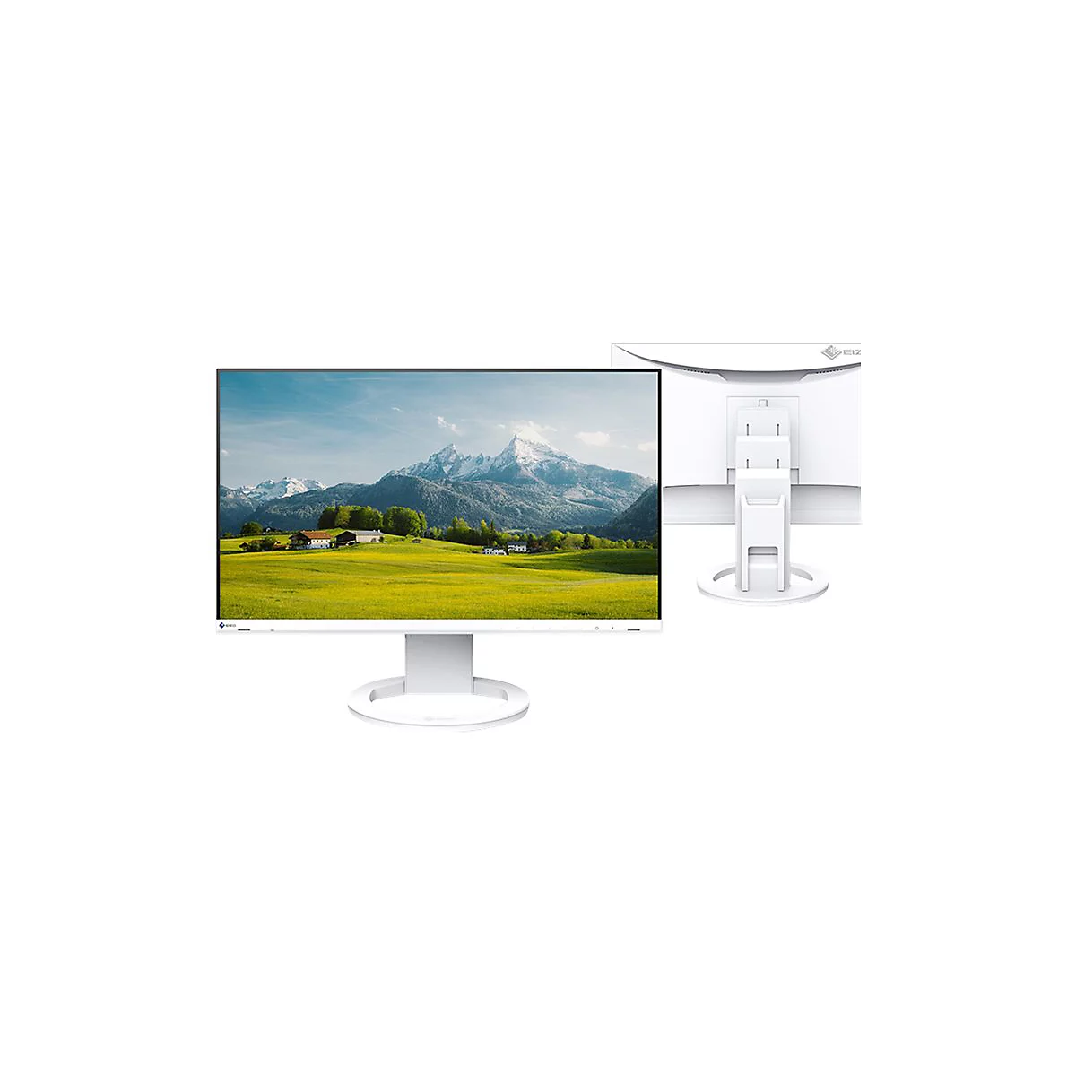 Weißer Monitor mit Berglandschaft als Bildschirmhintergrund. Auf der rechten Seite eine Ansicht der Rückseite.