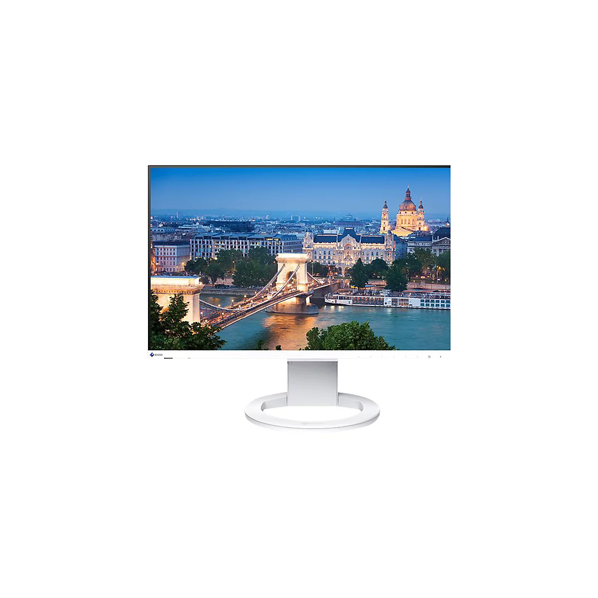 Monitor mit eingeblendetem Nachtblick auf Budapest. Weißes Gehäuse und Standfuß.