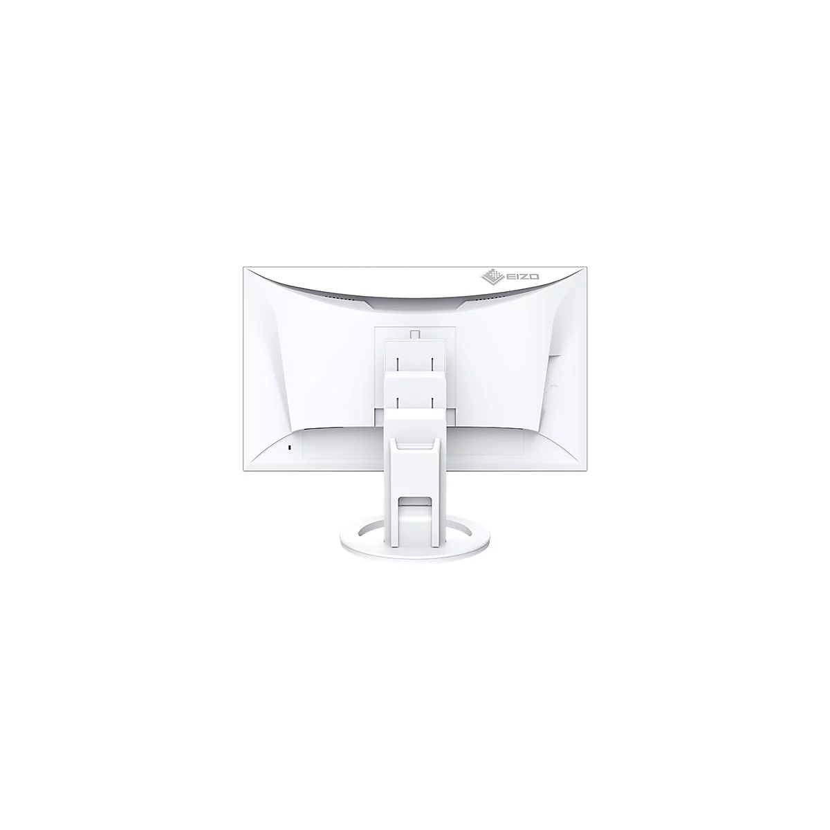 Rückansicht eines weißen Monitors mit Ständer. Oben das Logo, darunter die Halterung und der runde Standfuß.
