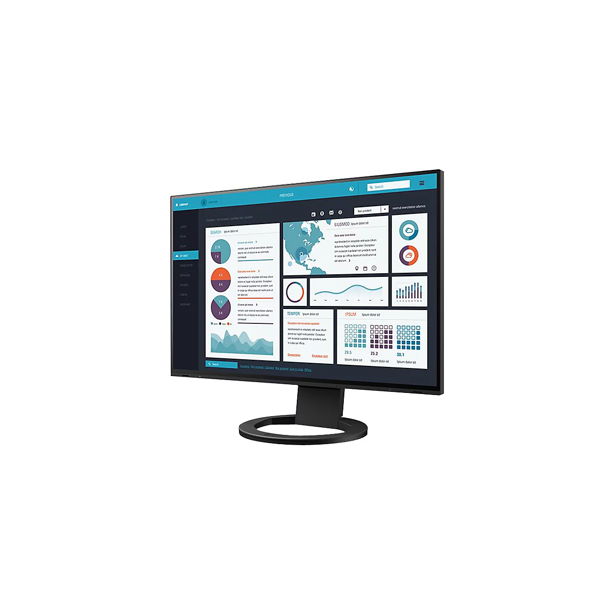 Ein schwarzer Monitor zeigt Diagramme, Grafiken und Daten auf blau-weißem Hintergrund. Der Monitor steht vor weißem Hintergrund.