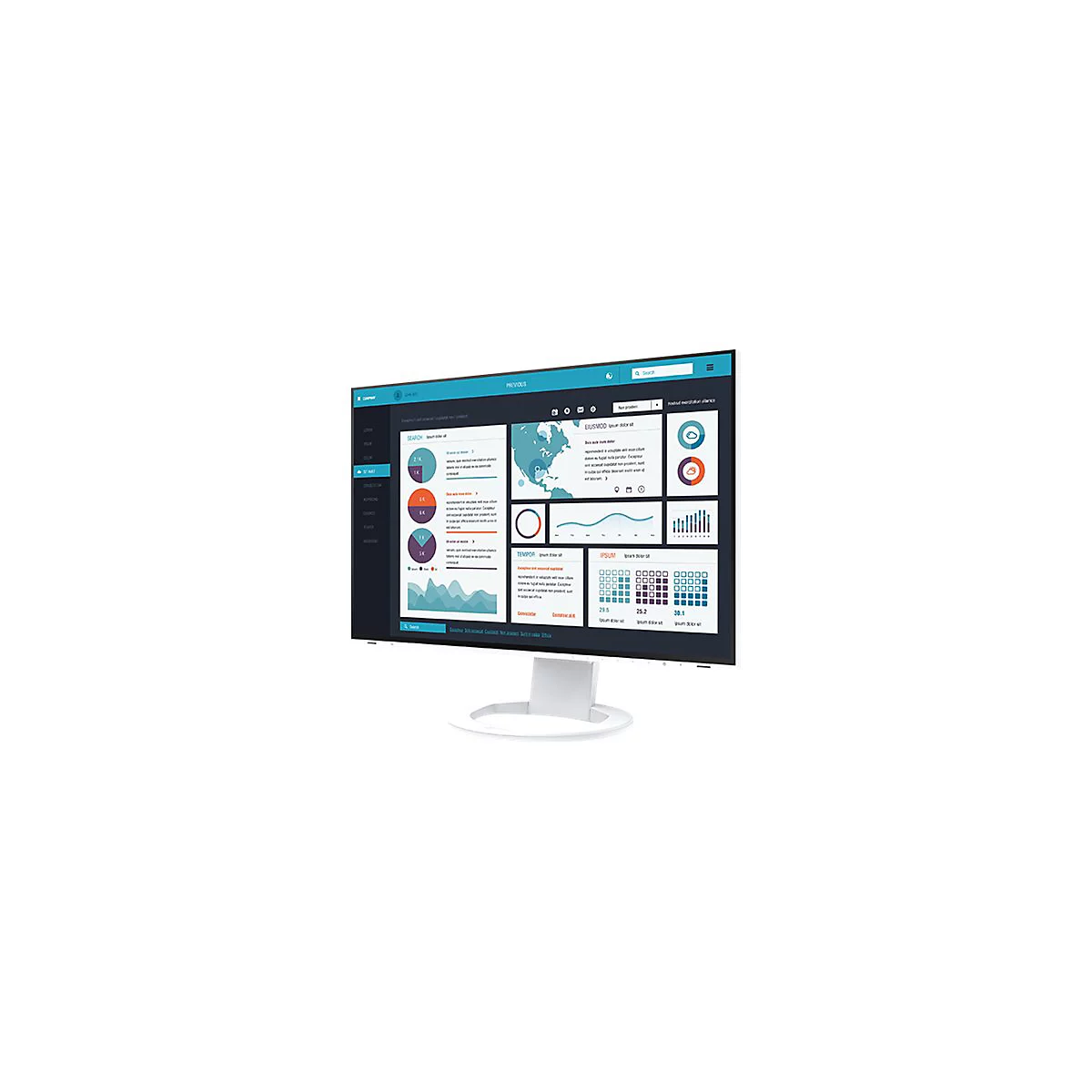 Monitor mit Datentabellen. Diagramme in Blau- und Grüntönen. Auf weißem Sockel stehend.