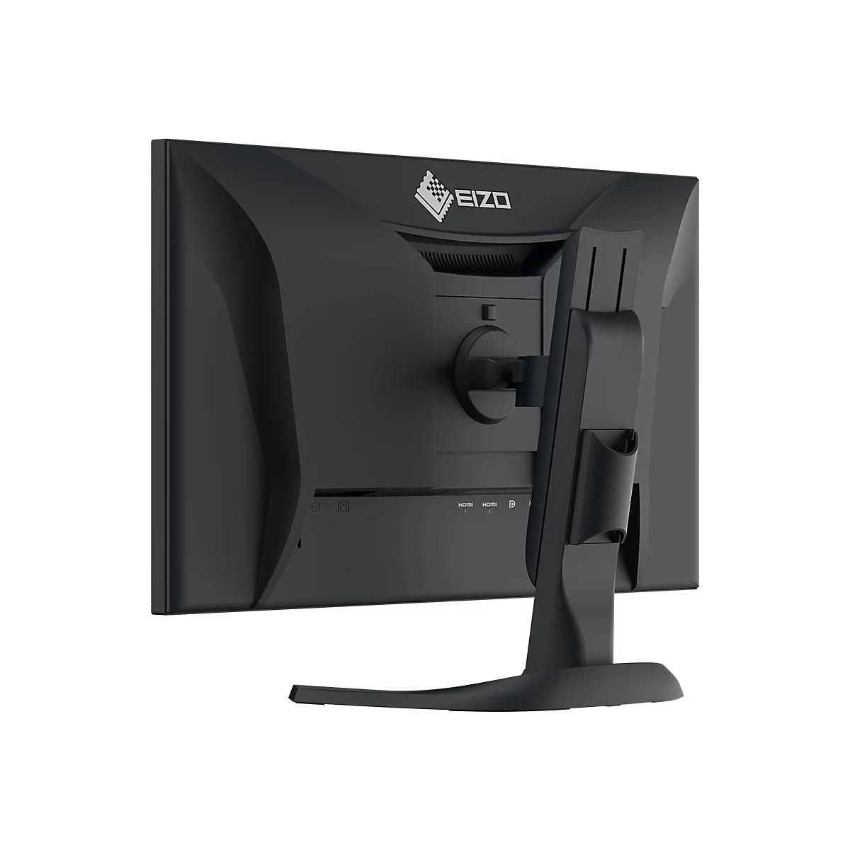 Moniteur noir vu de dos. Le logo EIZO est visible. Les ports sont en bas à droite.
