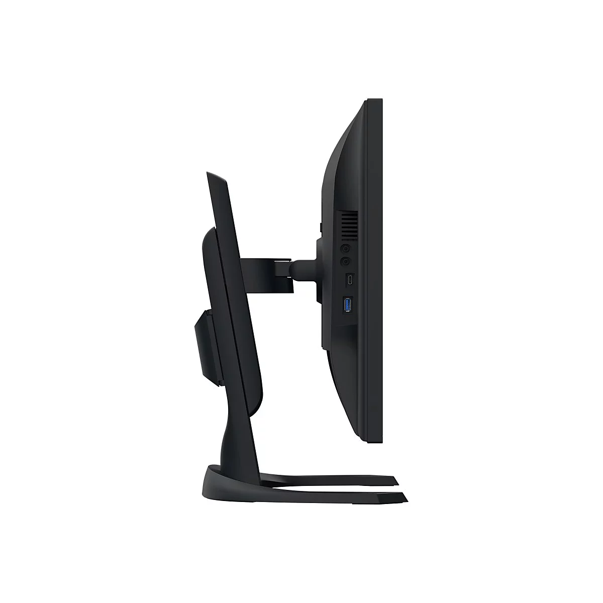 Moniteur noir de profil, avec pied, prises de connexion et fentes de ventilation.