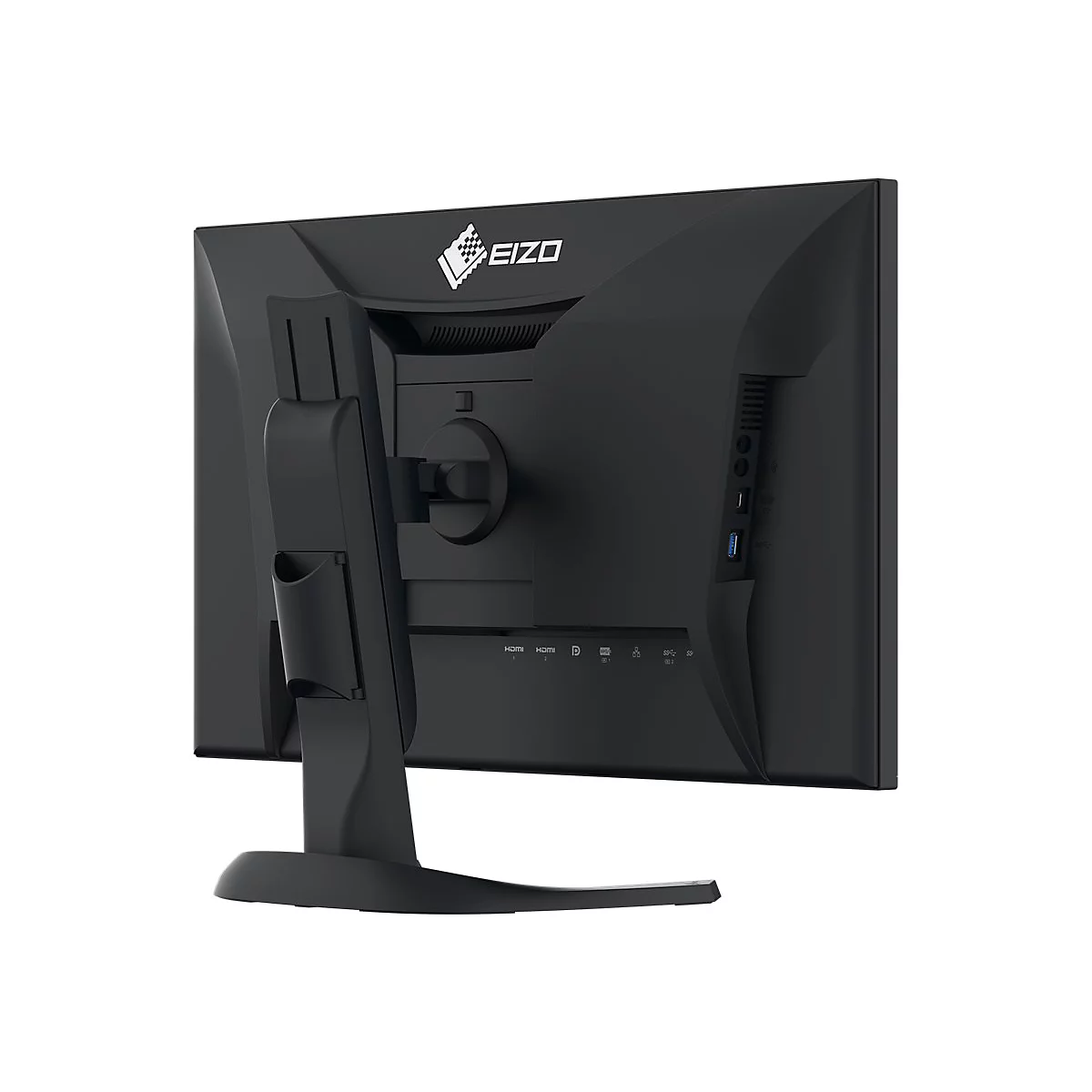 Schwarzer Monitor von hinten mit Standfuß. Anschlüsse und das EIZO-Logo sind zu sehen.