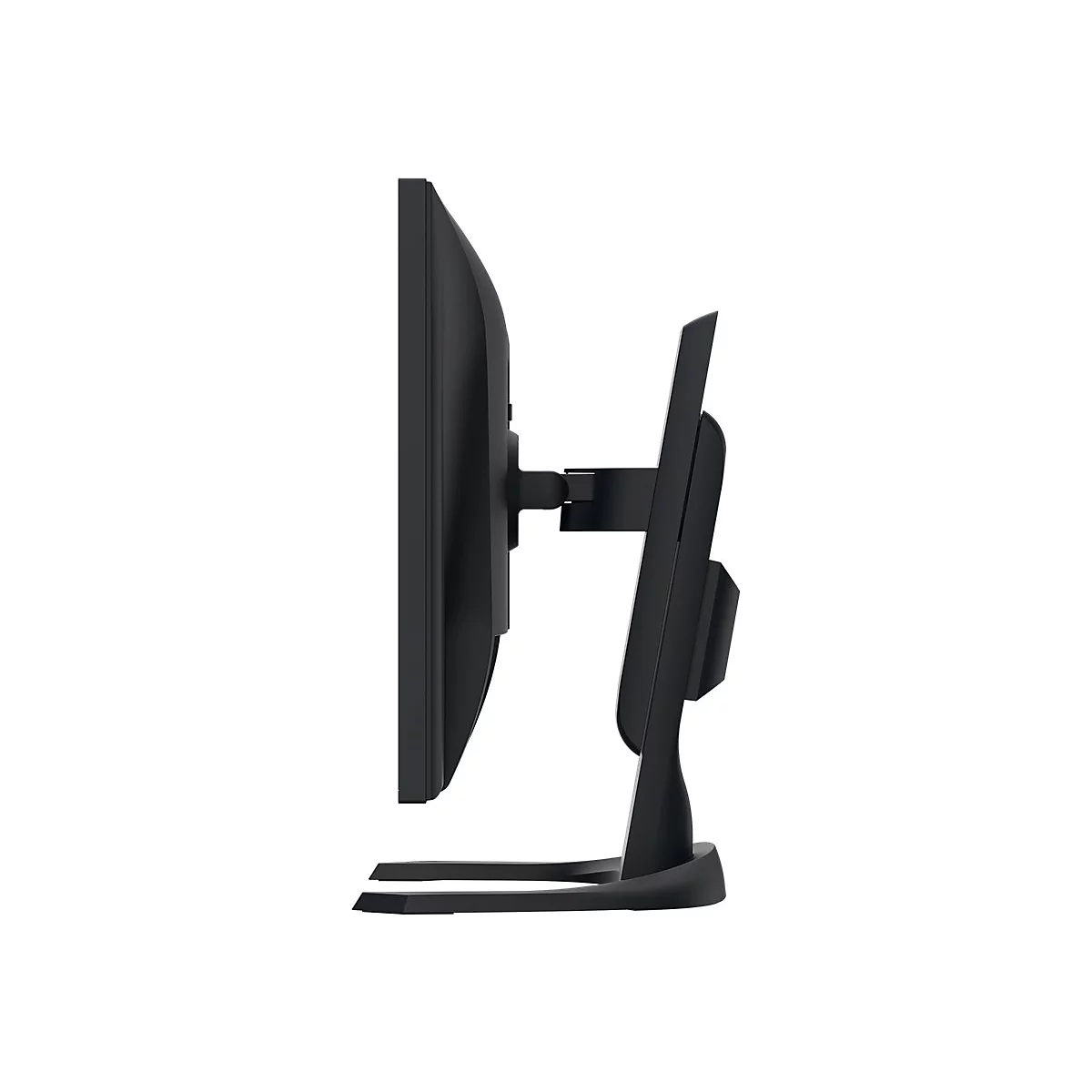 Schwarzer Monitor im Profil, mit Standfuß und Halterung.
