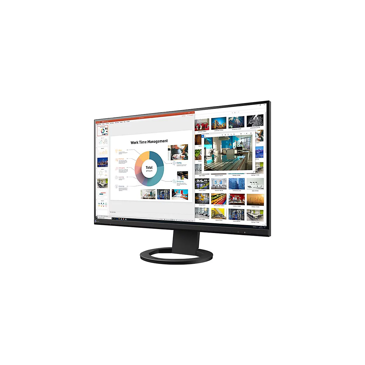 Ein schwarzer Monitor zeigt eine Präsentation zum Thema Zeitmanagement. Darunter Bilder von Büros und Arbeitsbereichen.