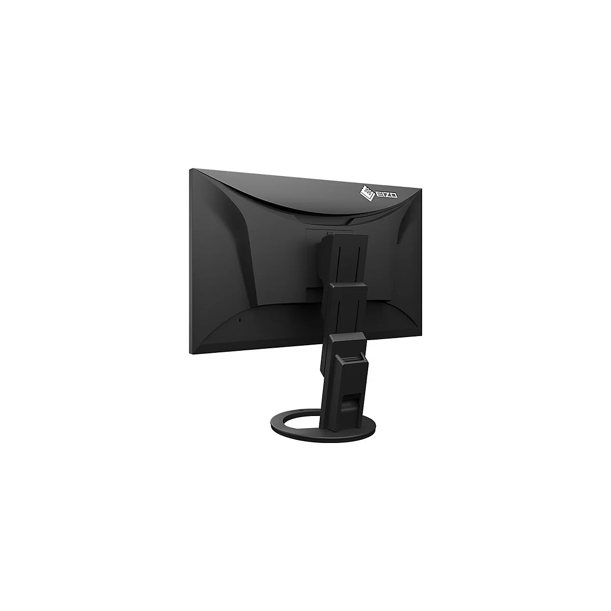 Schwarzer Monitor von hinten, EIZO Logo oben rechts, runde Basis.
