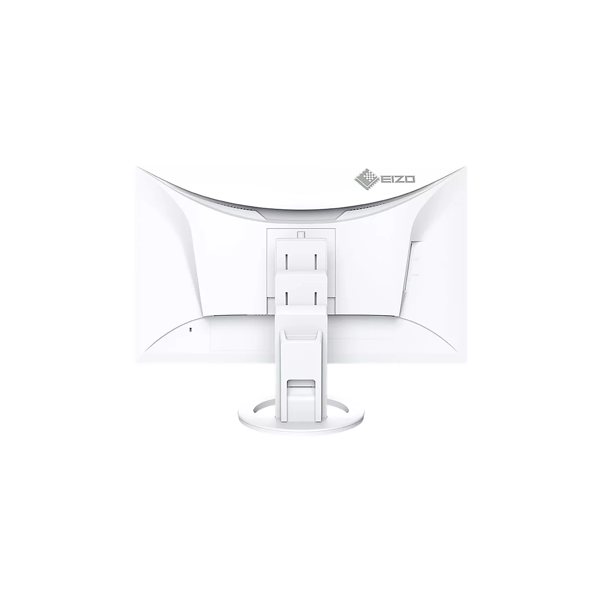 Rückseite eines weißen Eizo-Monitors. Unten: runder Standfuß. Drei vertikale Elemente, die sich nach oben verjüngen. Eizo-Logo oben rechts.
