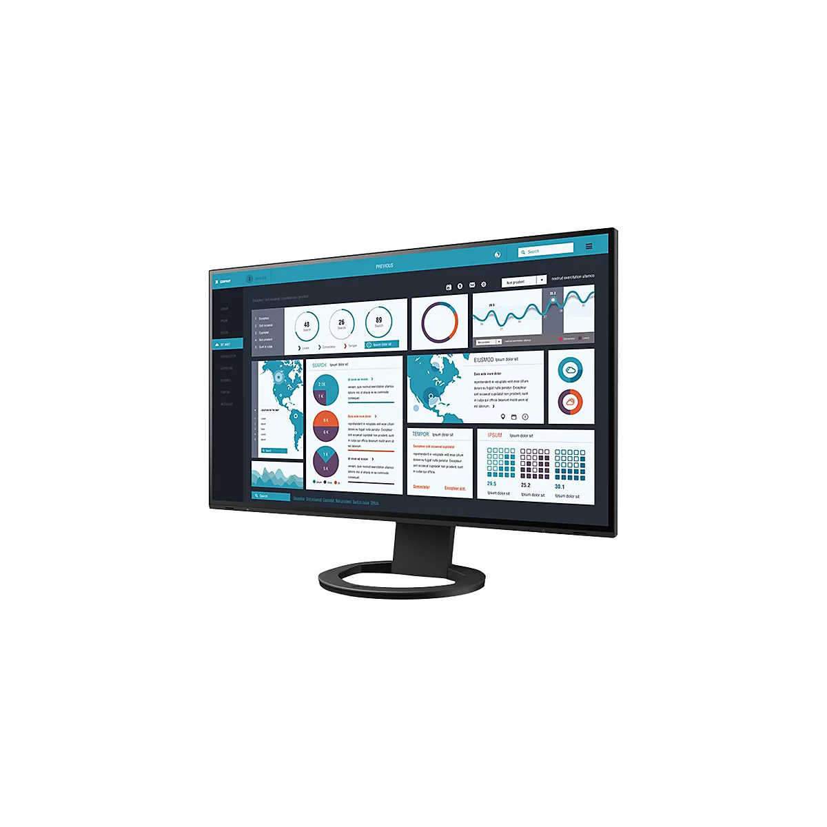 Un moniteur noir affiche une interface utilisateur d'analyse avec des graphiques et des tableaux.