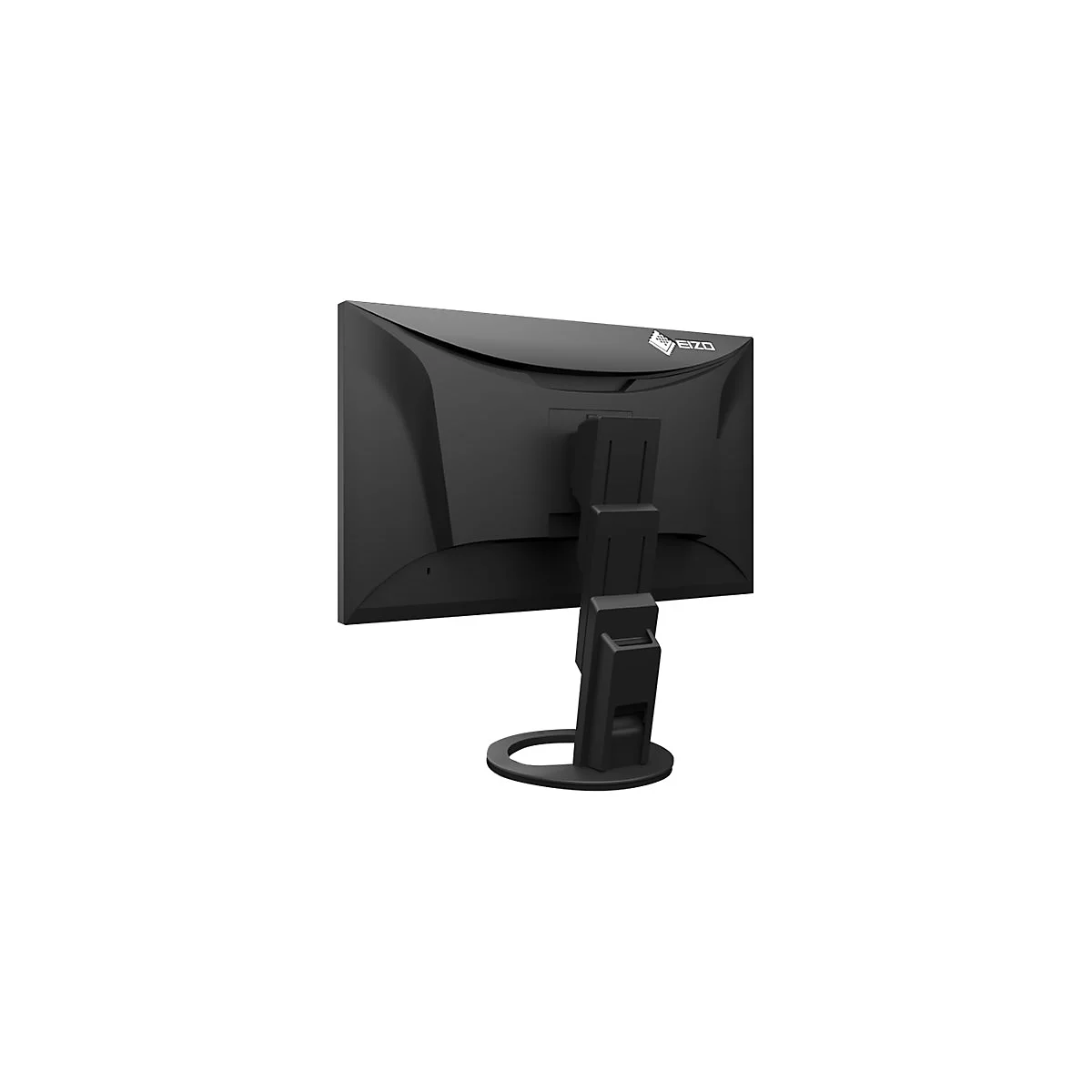 Moniteur noir de dos, logo du fabricant 'EIZO' visible, socle robuste.