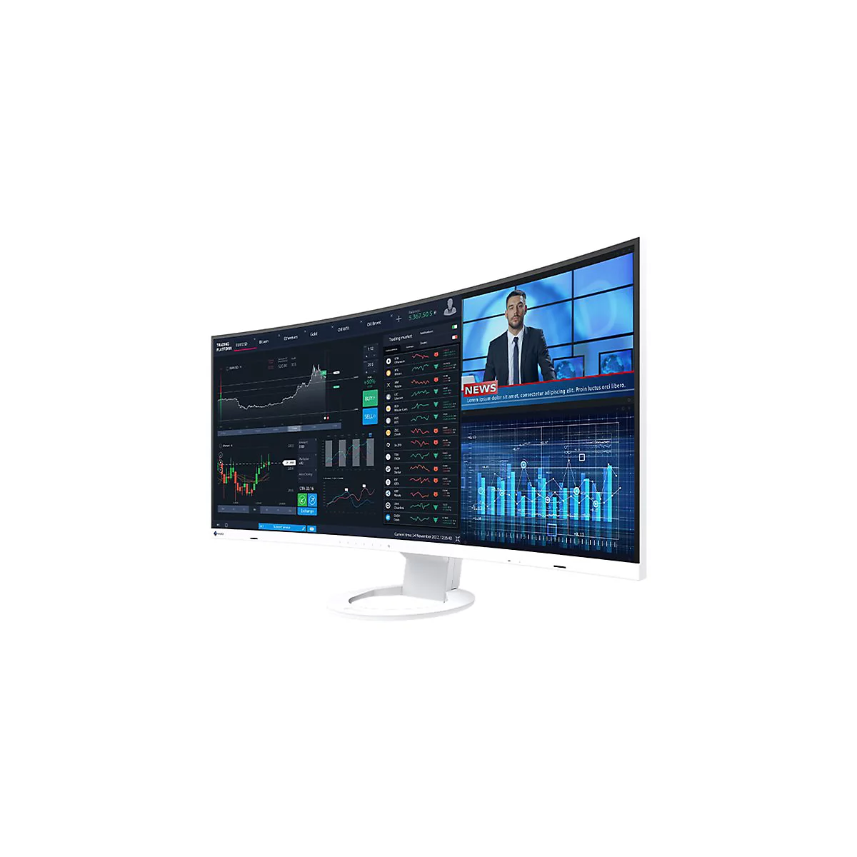 Ein gebogener Breitbildmonitor zeigt Diagramme und Nachrichten, darunter einen Nachrichtensprecher. Der Monitor hat einen weißen Standfuß.