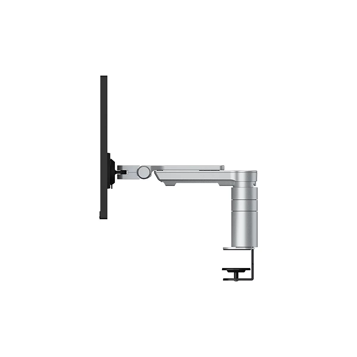Seitenansicht eines silbernen Monitorarms mit schwarzem Monitor. Der Arm hat eine Klemme zur Befestigung.