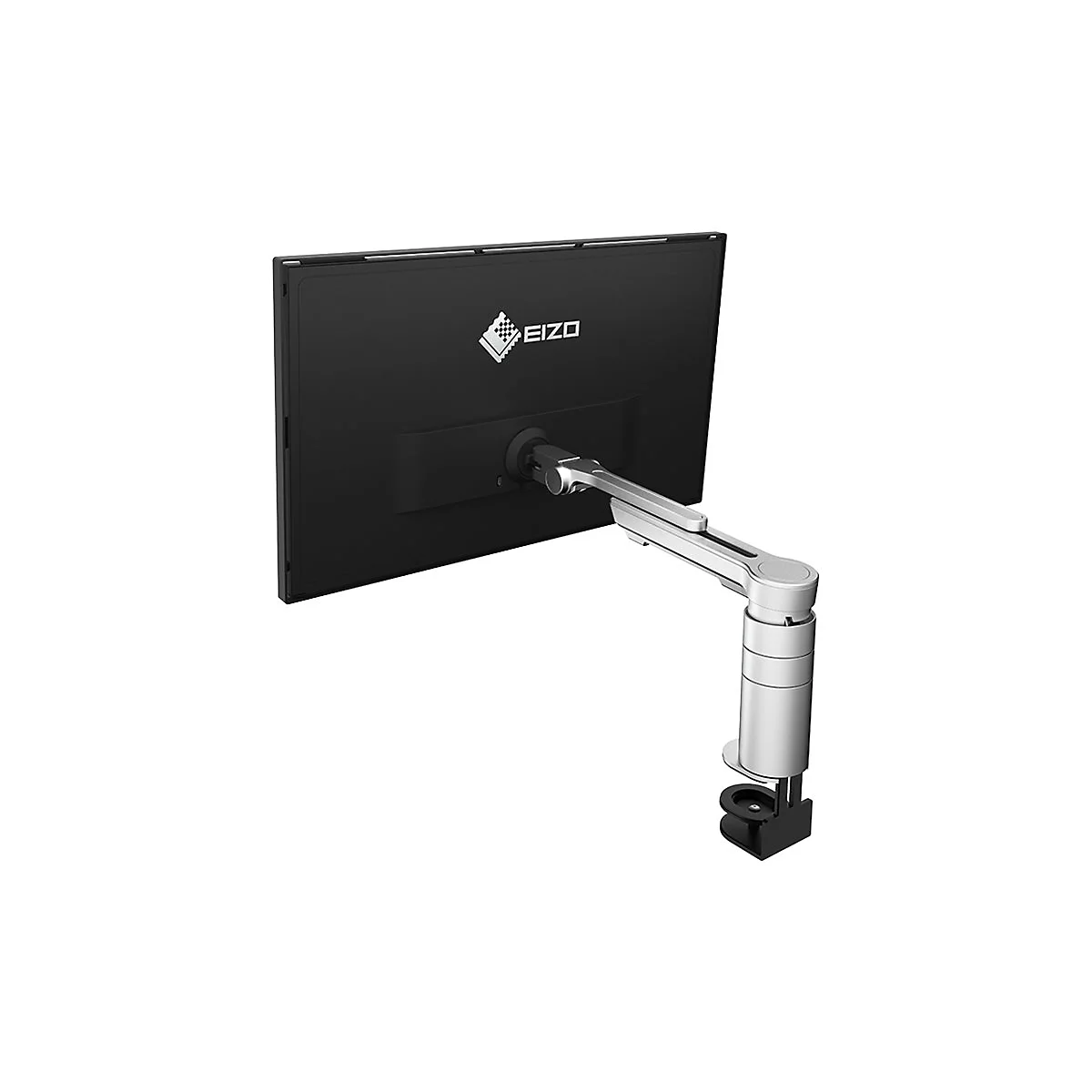 Schwarzer Monitor mit silberner Halterung; EIZO-Logo. Halterung am Tisch befestigt.