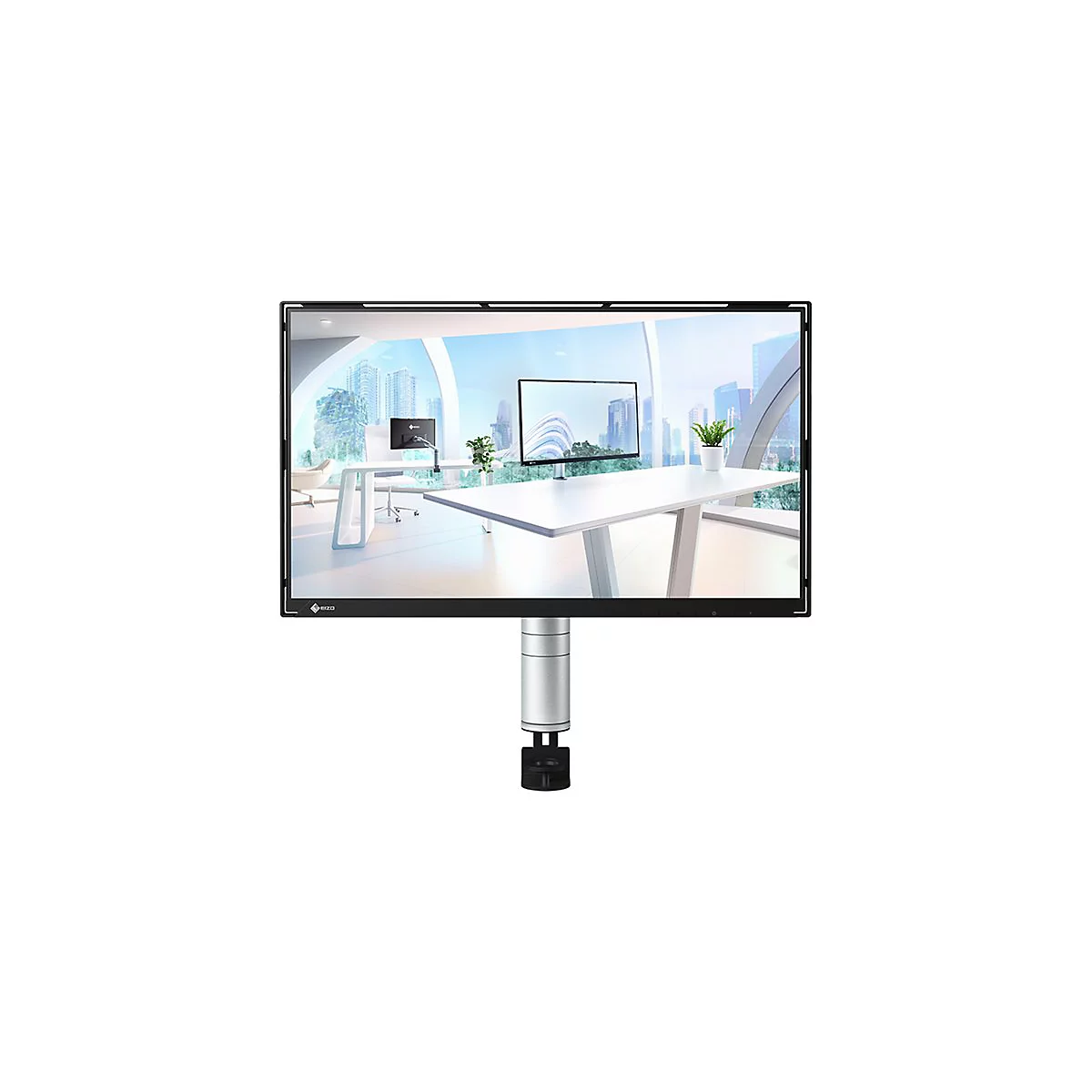 Un moniteur noir à cadre fin se dresse devant une table blanche, montrant une scène de bureau. Une autre scène de bureau est affichée sur le moniteur.