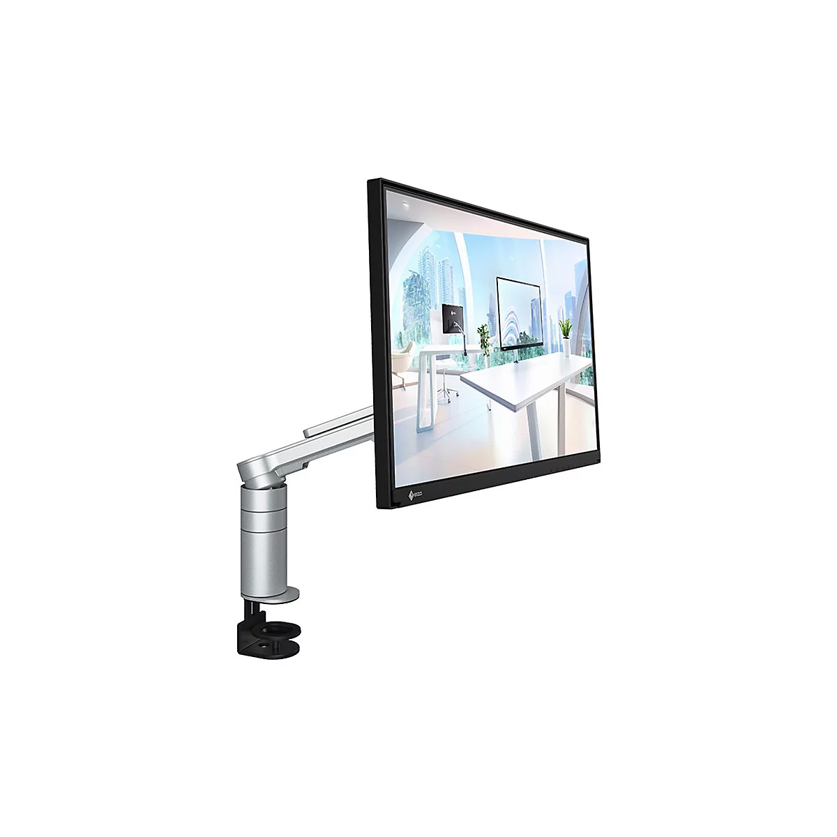 Un moniteur avec un bras argenté, fixé à une pince noire, montre un bureau. L'écran est encadré de noir.