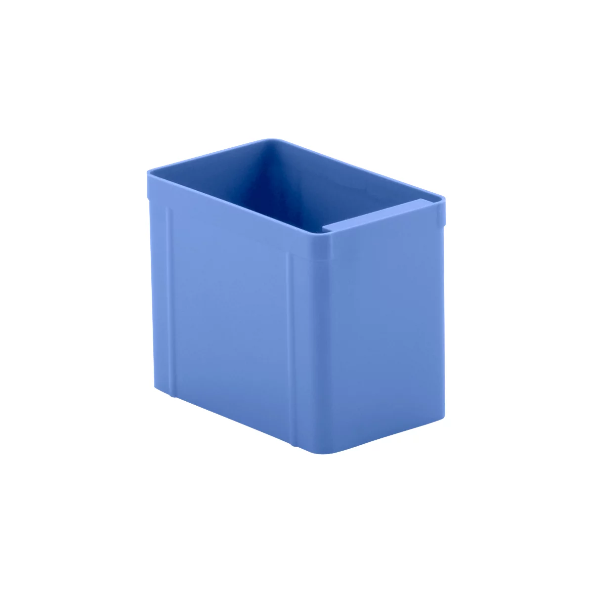 Blue, rectangular storage container. The shape has a rectangular cutout at the top.