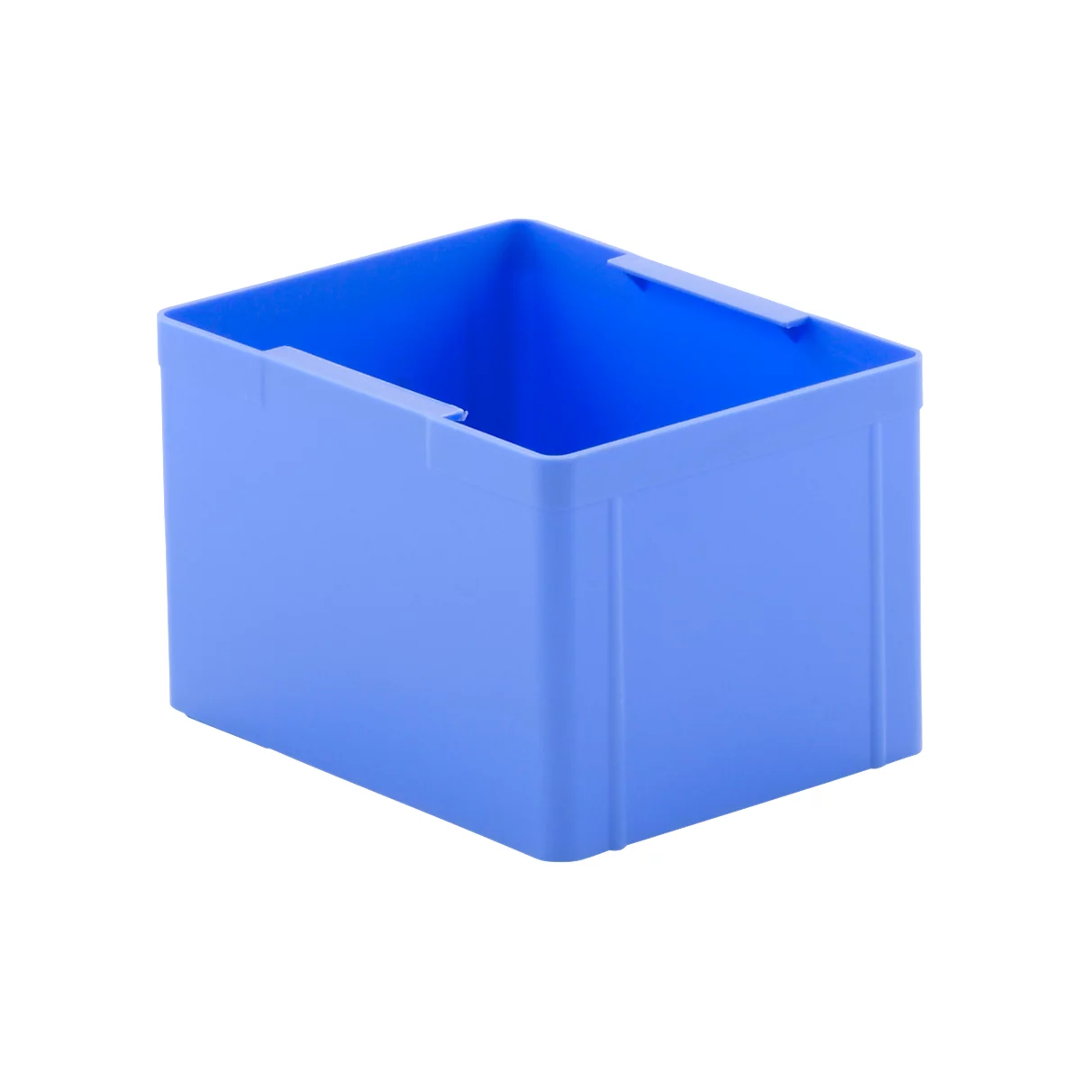 Blue rectangular plastic box. There are two notches on the upper edge.