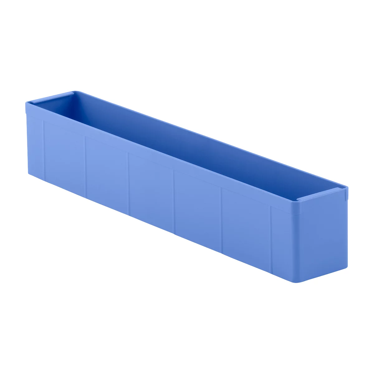 Light blue, oblong plastic box with vertical ribs. Open at the top, for storage.