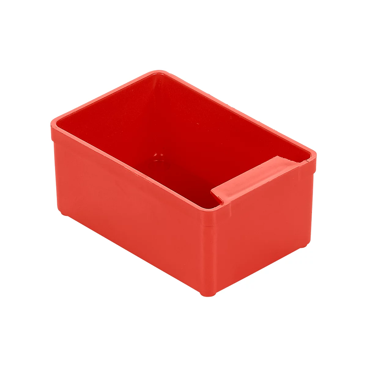 Red rectangular plastic box with a recess on the side.