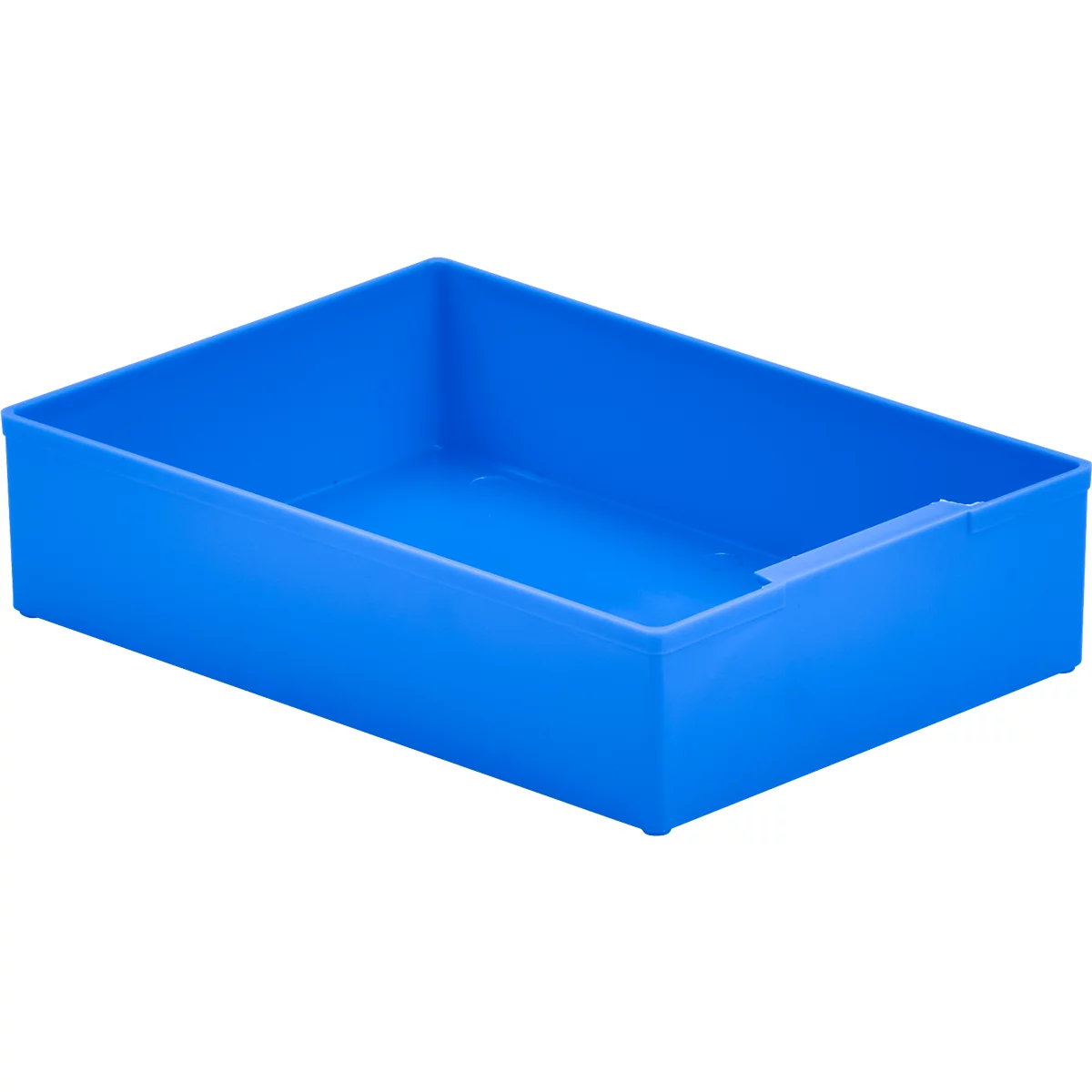 Blue rectangular plastic box, empty. It has slightly rounded corners and a small recess.