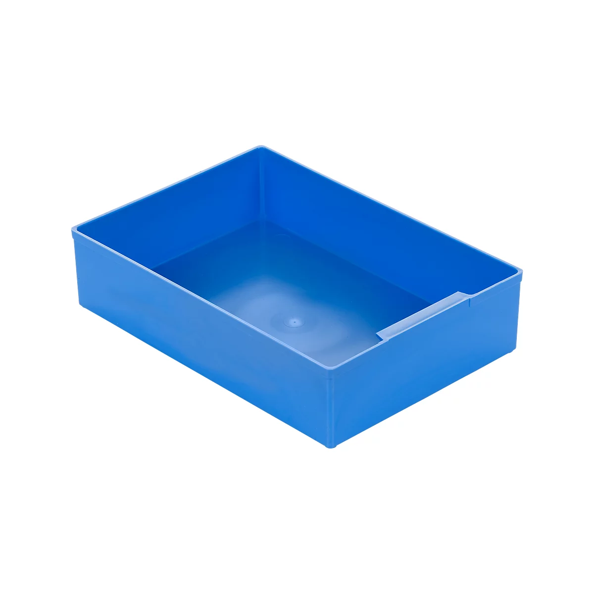 Blue rectangular plastic box with a recess. Interior light blue, exterior darker. On a white background.