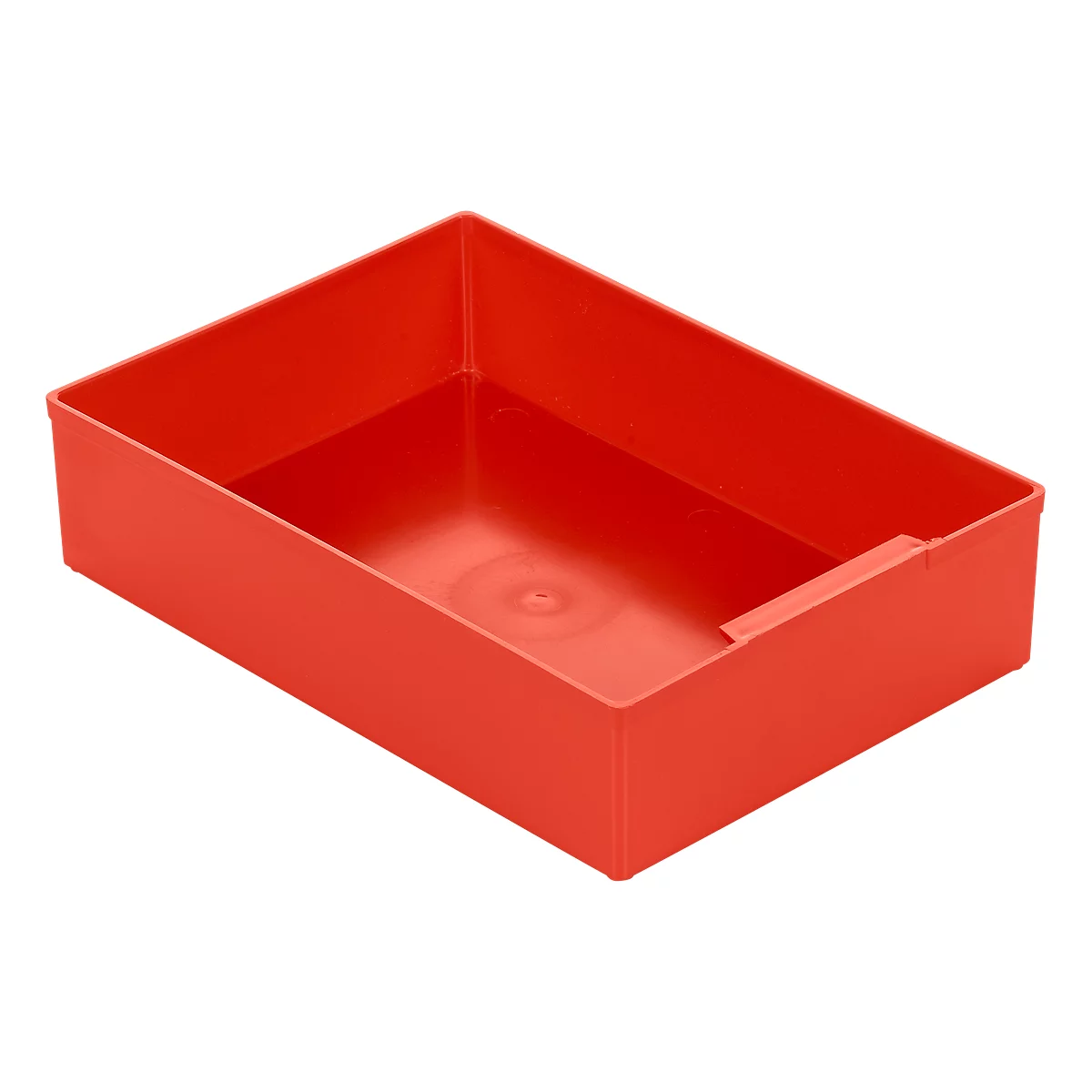 Red, rectangular plastic box with raised edge, view from above.
