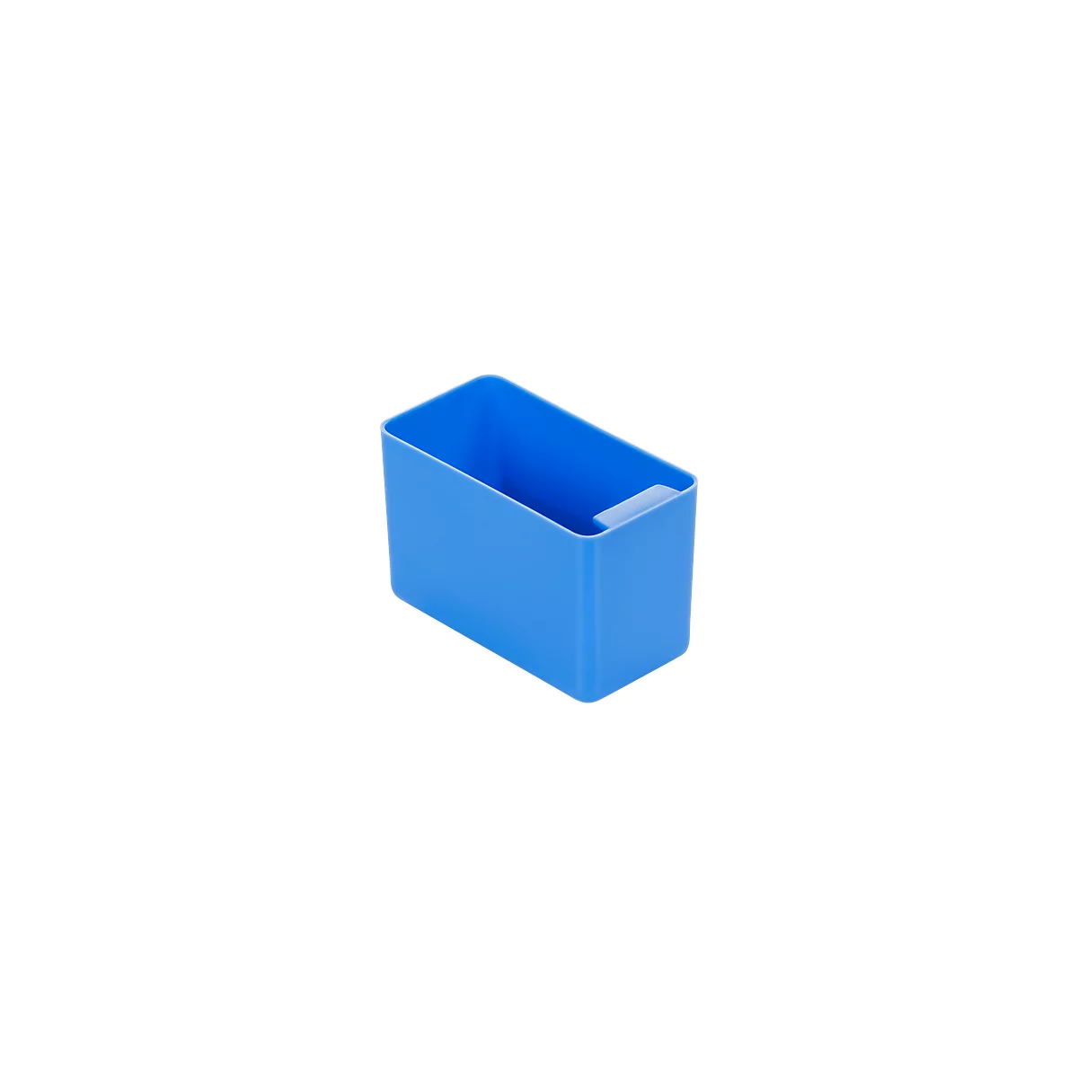 Blue, rectangular container with a cutout. Empty inside.