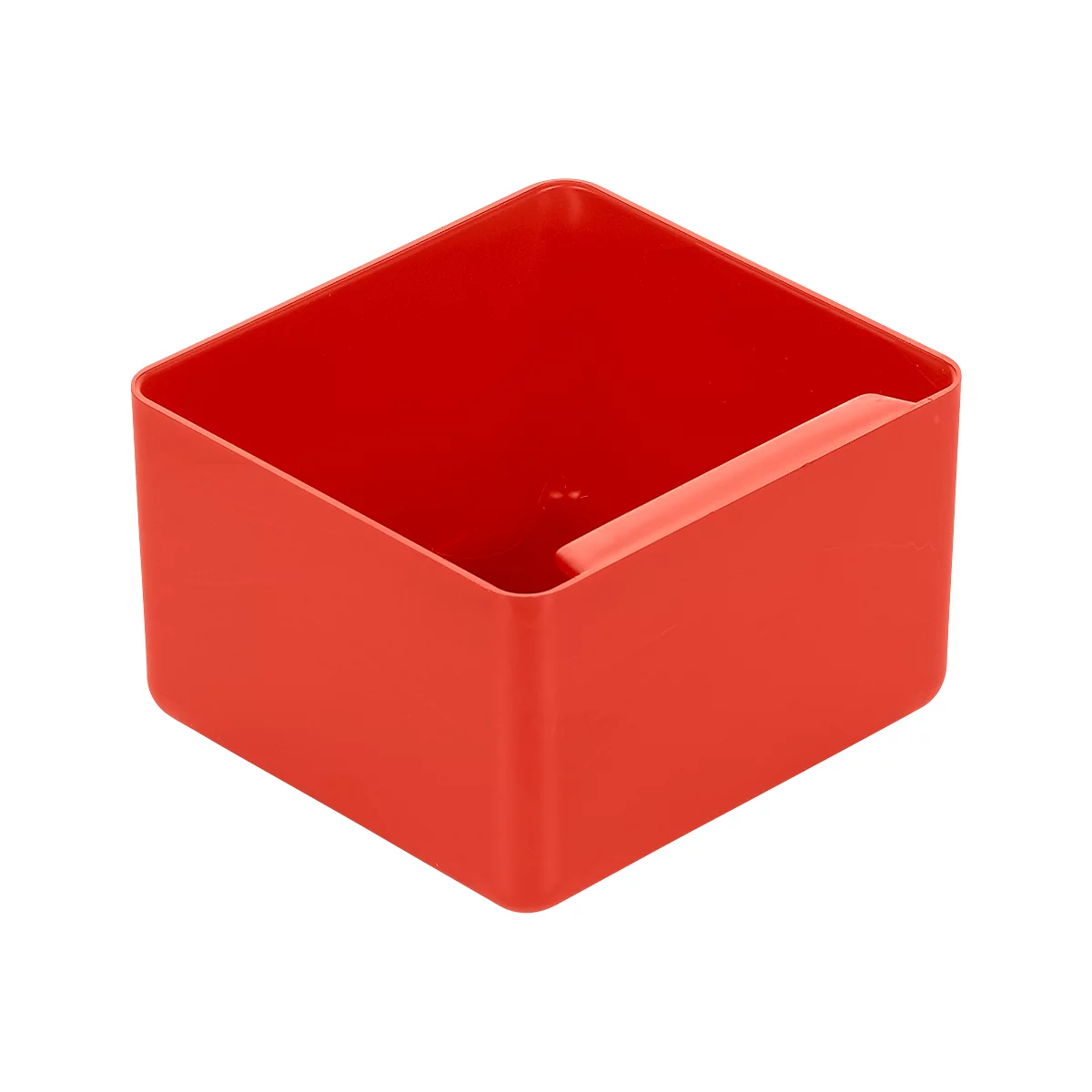 Red, square container with handle. Sides, bottom and handle are visible.