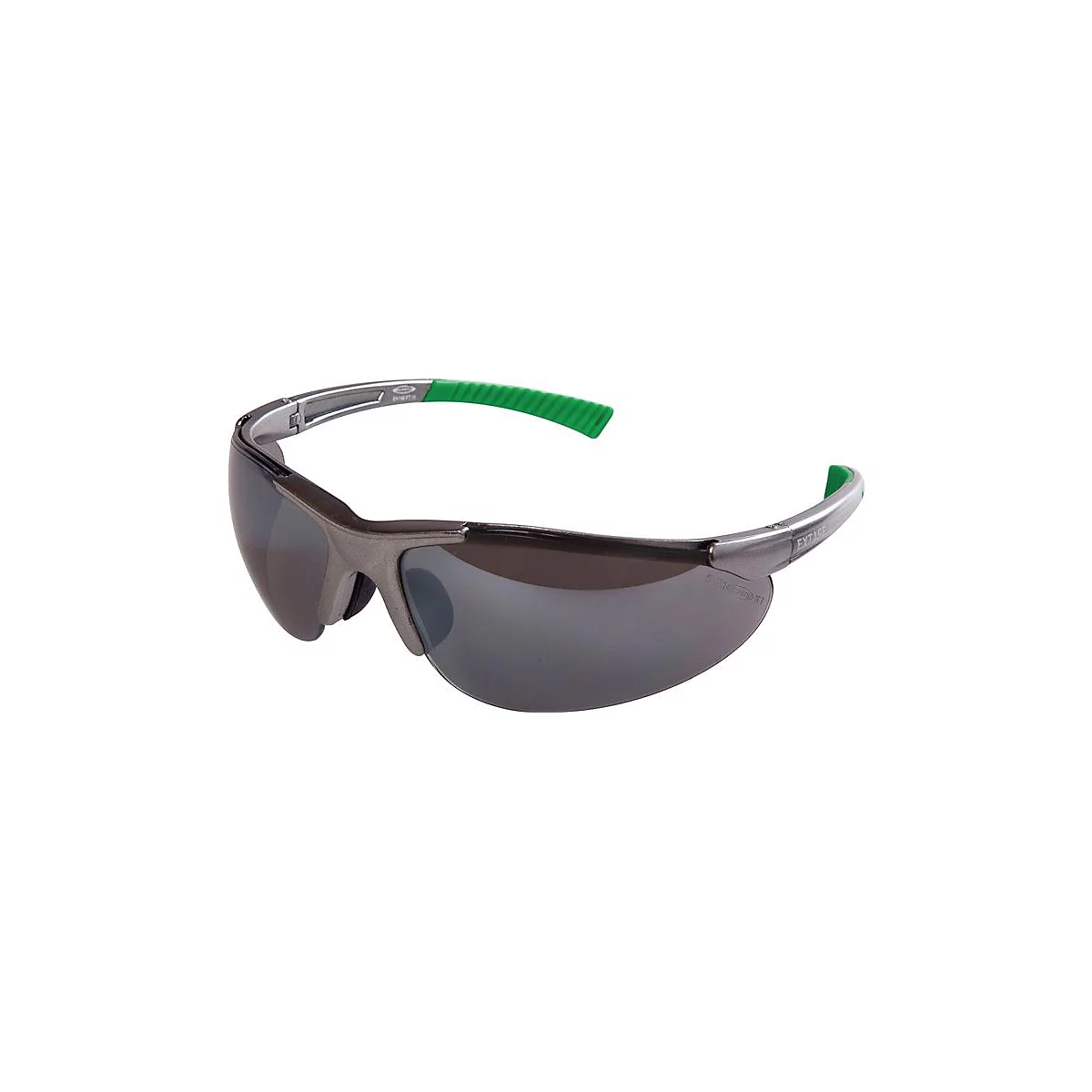 Lunettes de sécurité avec verres gris, monture argentée et branches vertes.
