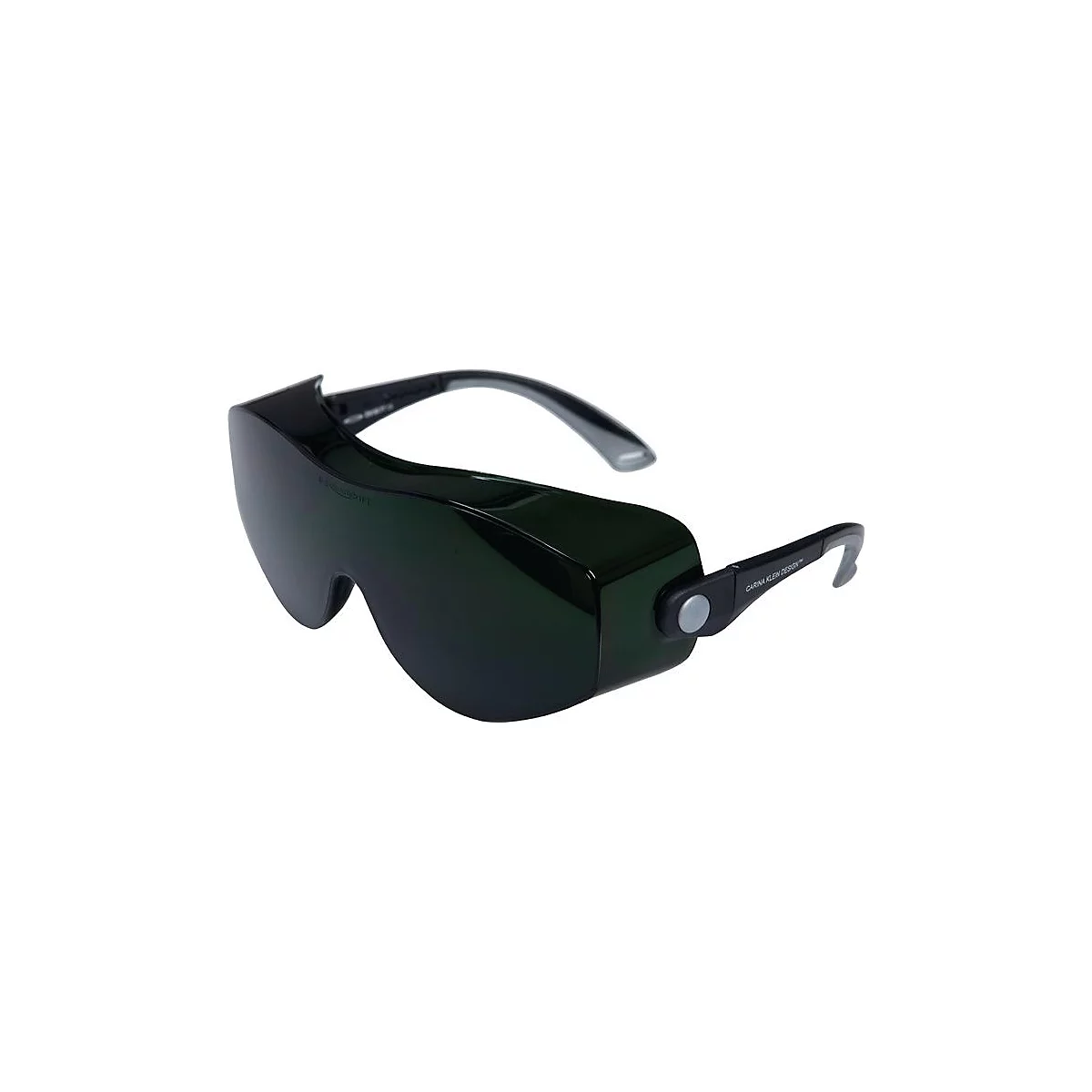 Lunettes de protection avec de larges verres teintés, des branches noires et des touches de gris.