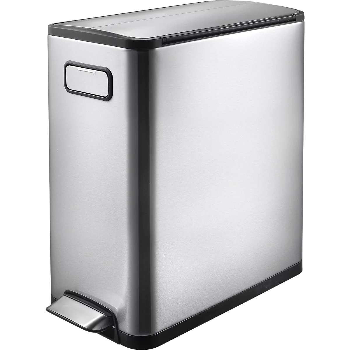 EKO Ecofly II pedaalemmer, 20 liter, roestvrij staal, vingerafdrukbestendig, geluidloos deksel, B 250 x D 375 x H 465 mm, zilver/zwart