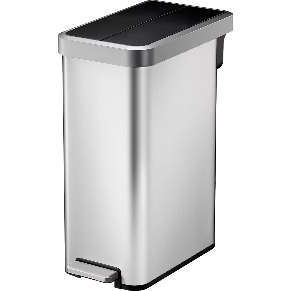 EKO Ecofly II pedaalemmer, roestvrij staal, vingerafdrukbestendig, geluidloos deksel, B 280 x D 495 x H 650 mm, 45 liter, zilver/zwart