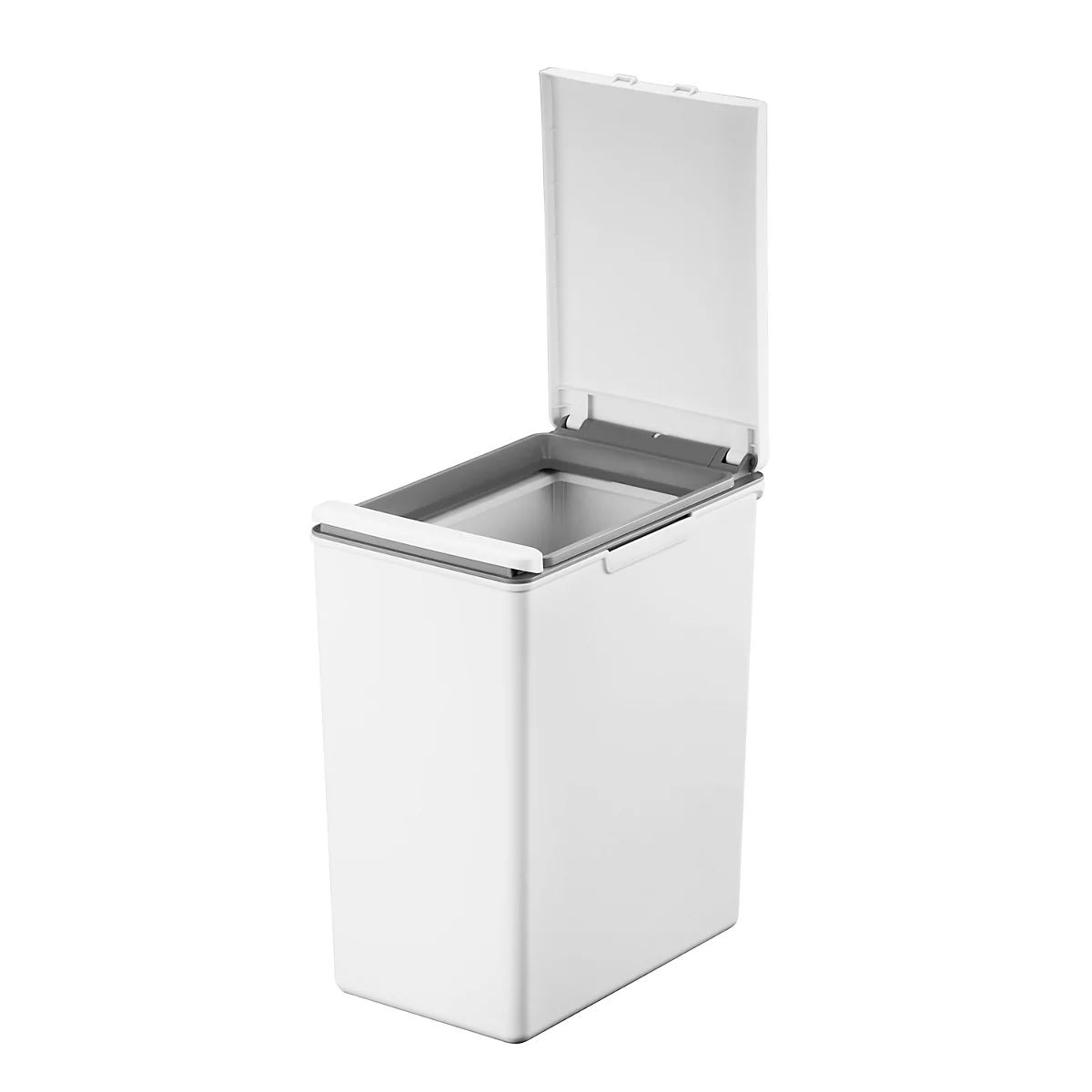 Un seau à glace blanc avec un couvercle ouvert. Intérieur avec bord gris.